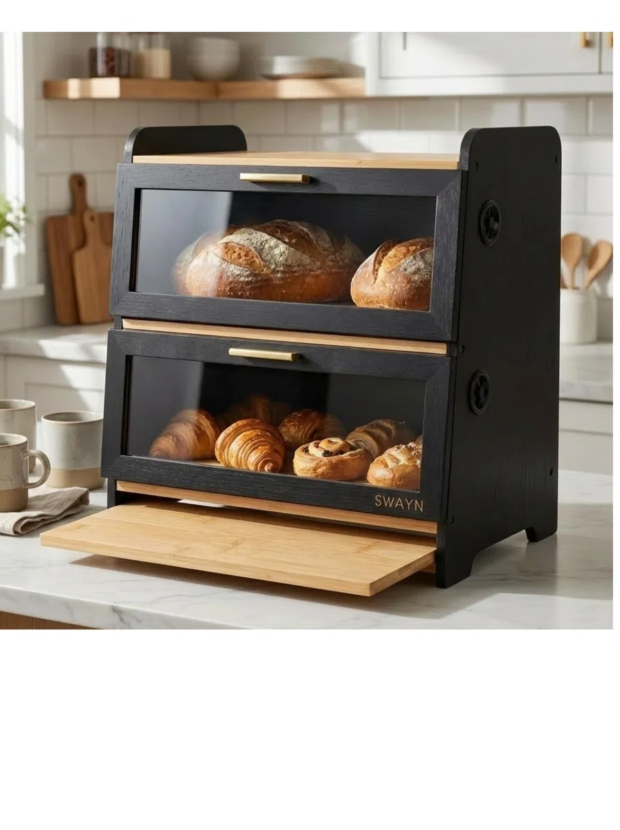SWAYN Boîte à pain en Bambou Certifié FSC — Huche à Pain 2 étages, Ventilation Ajustable pour Prolonger la Fraîcheur, Planche Intégrée, Rangement Optimisé pour Conservation Pain (noir)