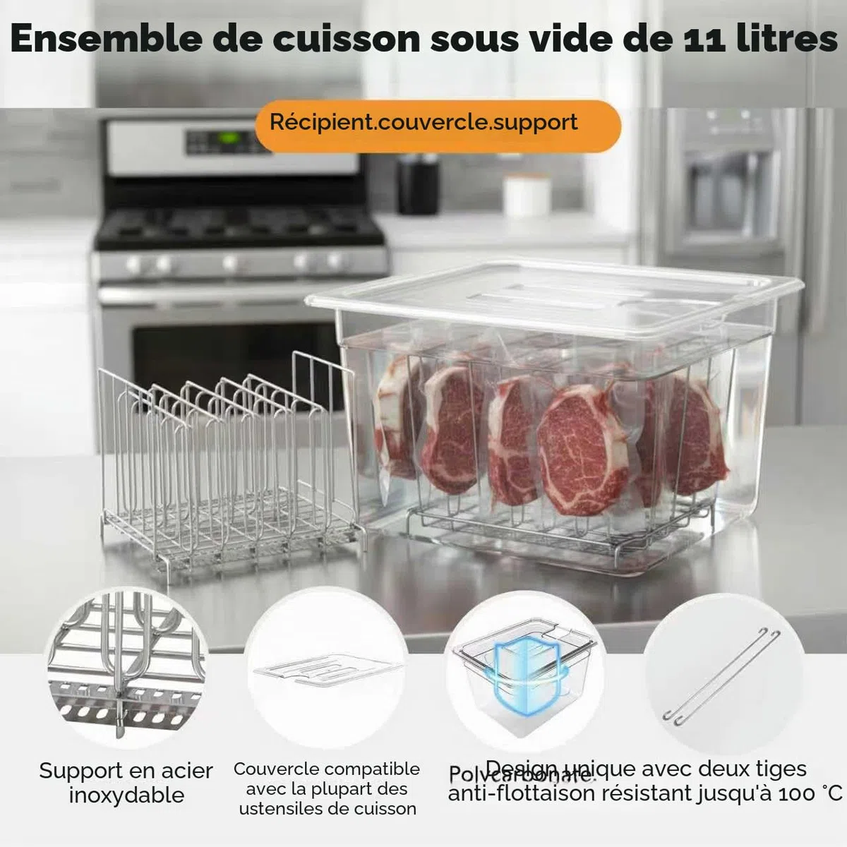 Conteneur Cuisson 11L sous Vide Basse Température avec Pour Cuiseur Sous Vide Récipient de cuisson sous vide avec couvercle et grille, Récipient Transparent Multifonction (sans BPA)