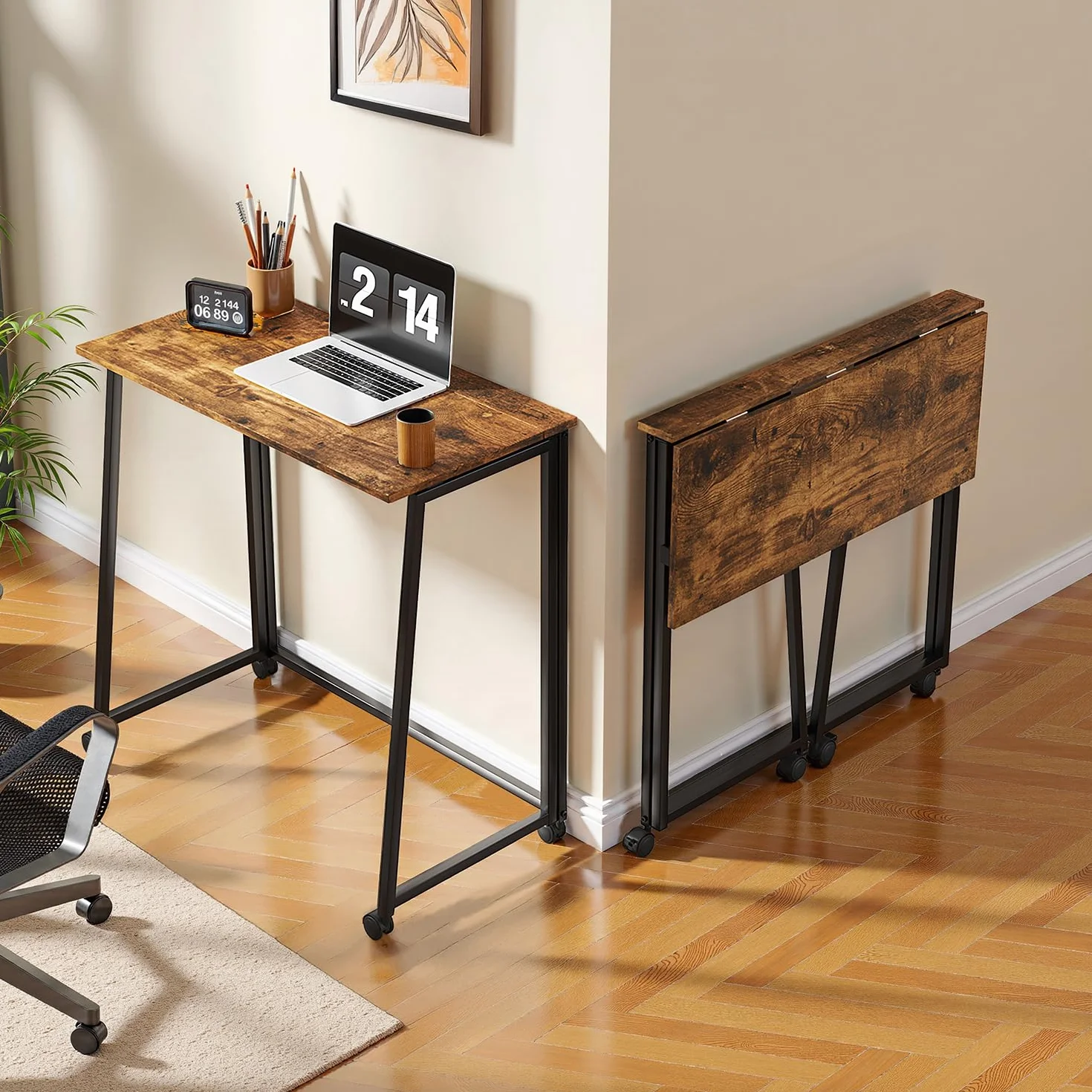 Meuble Cosy Bureau Pliant avec 4 roulettes pour Petits Espaces Table d'Ordinateur Pliante pour Domicile Poste de Travail Chambre Salon, Style Industriel, Cadre en Métal, Marron