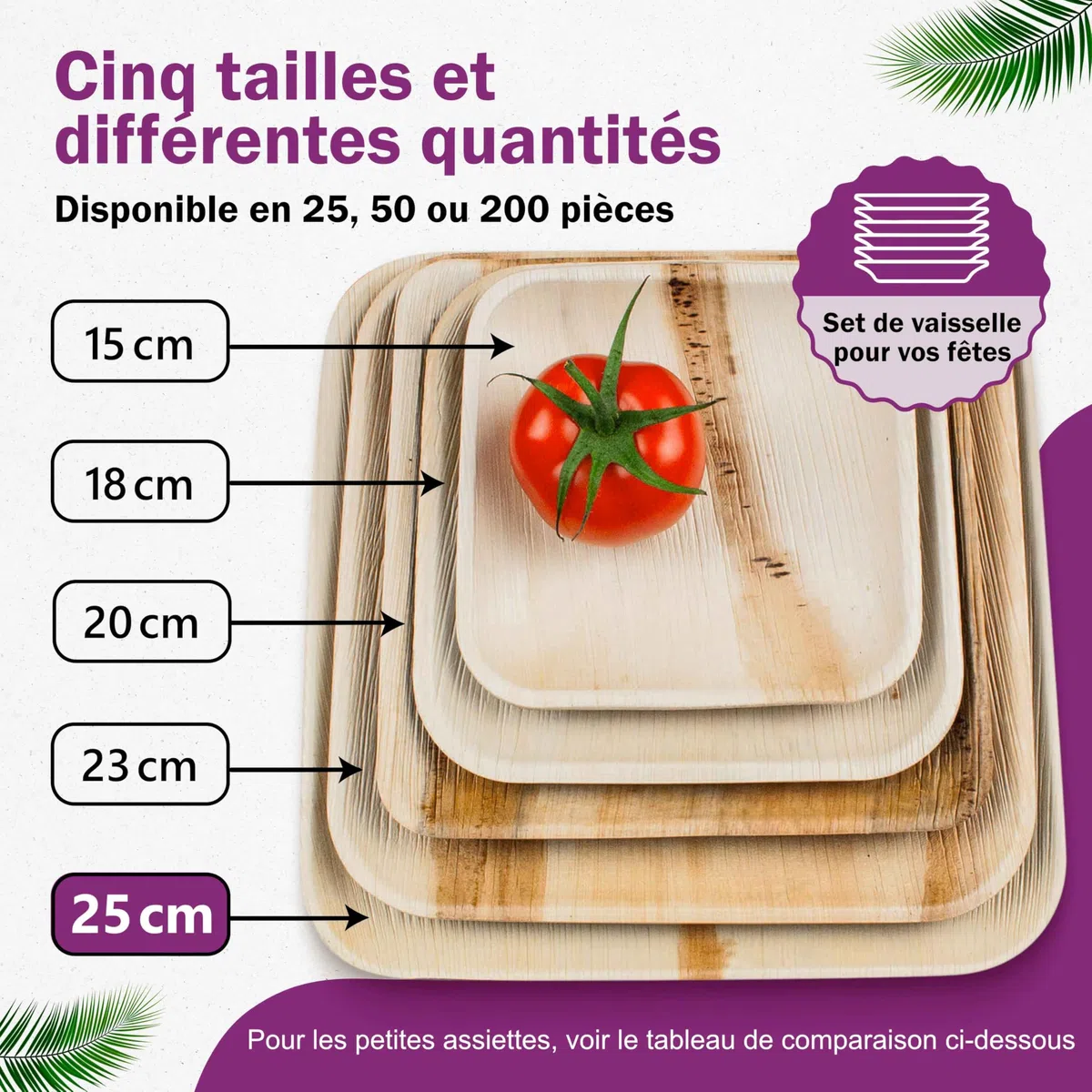 Assiette Jetable en Feuille de Palmier - 50 pcs. Carrées 25x25 cm - Vaisselle Naturelle et Élégante - Chic, Résistante et au Design Unique - semblable au Bambou et au Bois