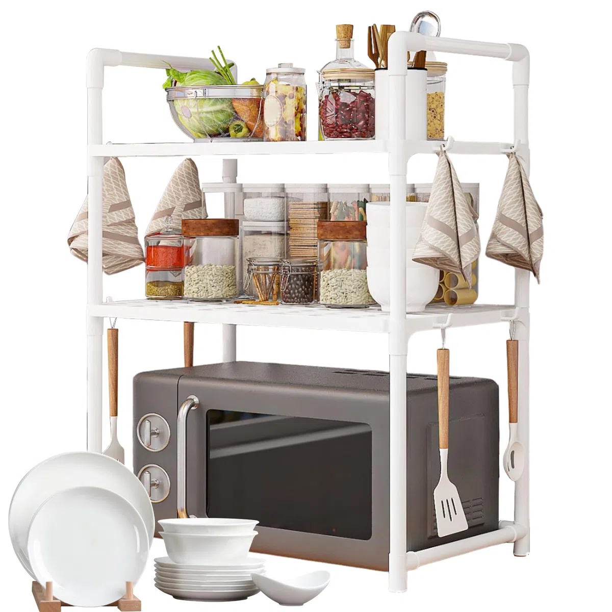 Étagère de Four à Micro-Ondes, étagère avec Crochets, Organiseur de comptoir de Cuisine – Étagère de Rangement Utilitaire réglable et Robuste pour la Cuisine