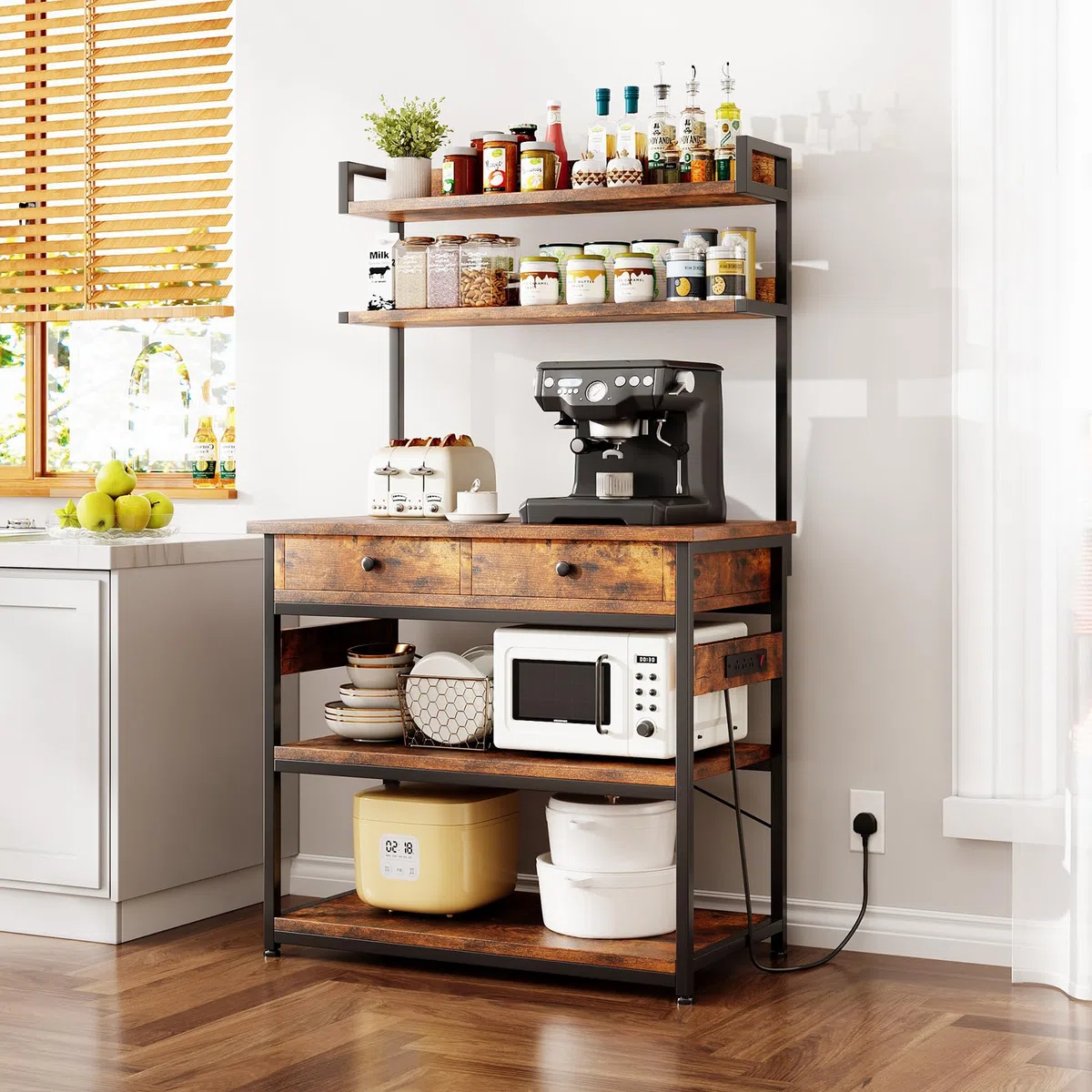 CAIYUN Étagère de Cuisine avec Prises électriques, étagère sur Pied avec Deux tiroirs en Bois, étagère pour Micro-Ondes, 5 Niveaux, Structure en Acier, 42 x 80 x 148 cm, Marron Vintage