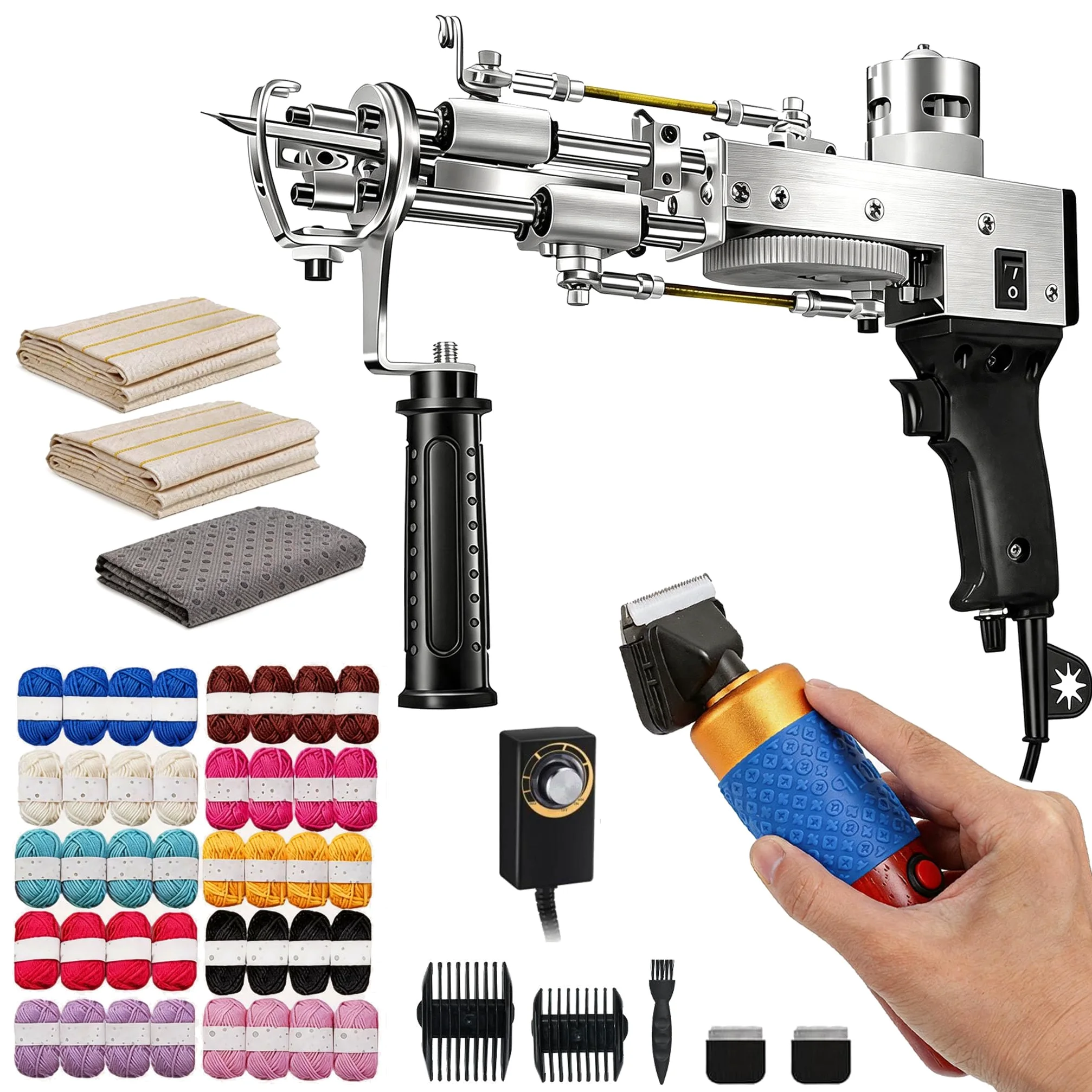 Aisny Pistolet à Touffeter, Ensemble Touffetage Machine Touffeter Coupe-Tapis pour Poils Coupés Et Bouclés 40 Rouleaux Fil avec Tissus Touffetage Pistolet à Touffeter Ensemble Fabrication Tapis