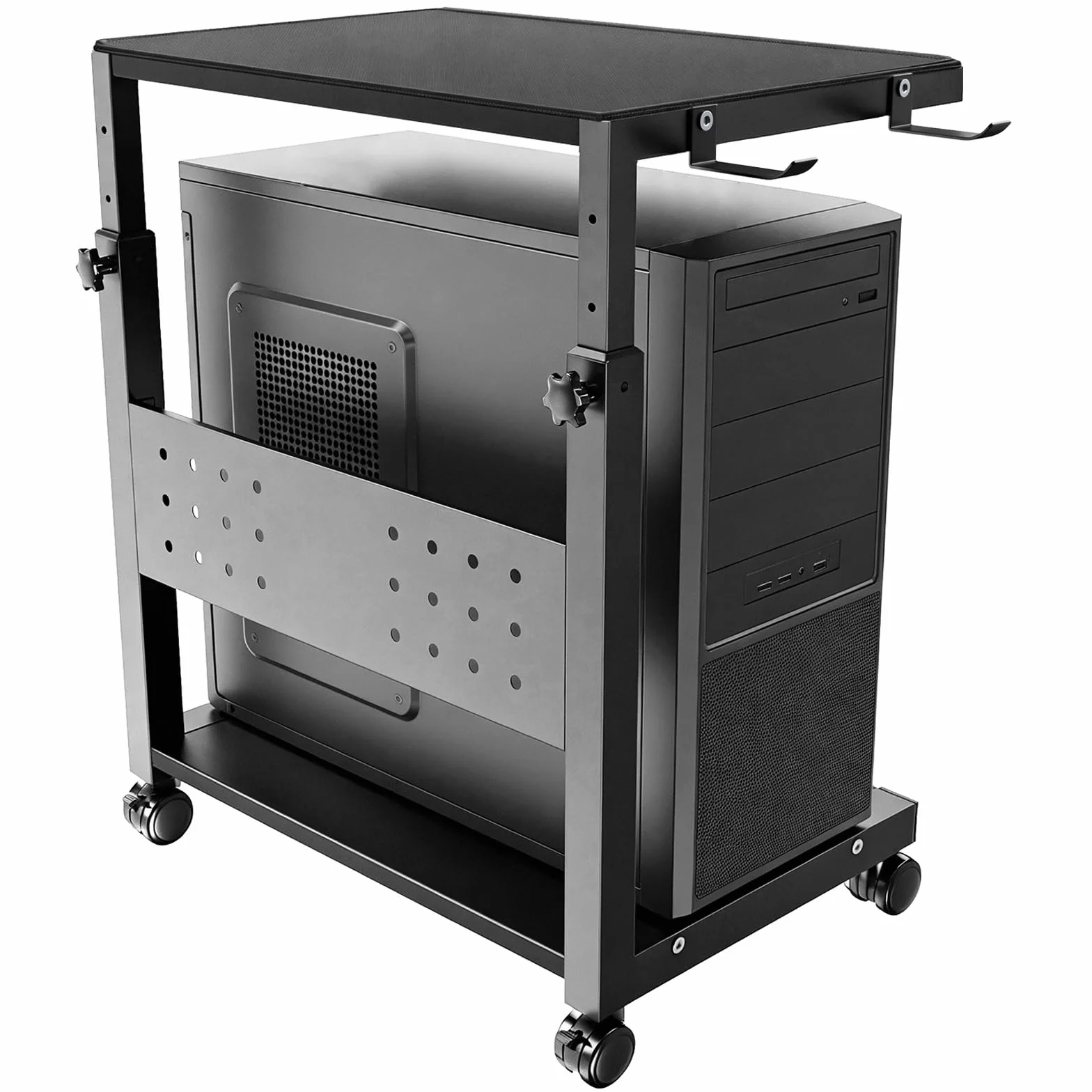 Support Tour PC avec roulettes - 2 étages Support unité Centrale avec roulettes et Tapis de Souris, Hauteur réglable de 52 cm à 77 cm, pour Gaming, Bureau, Maison, Charge Max 40 kg/Niveau, Noir