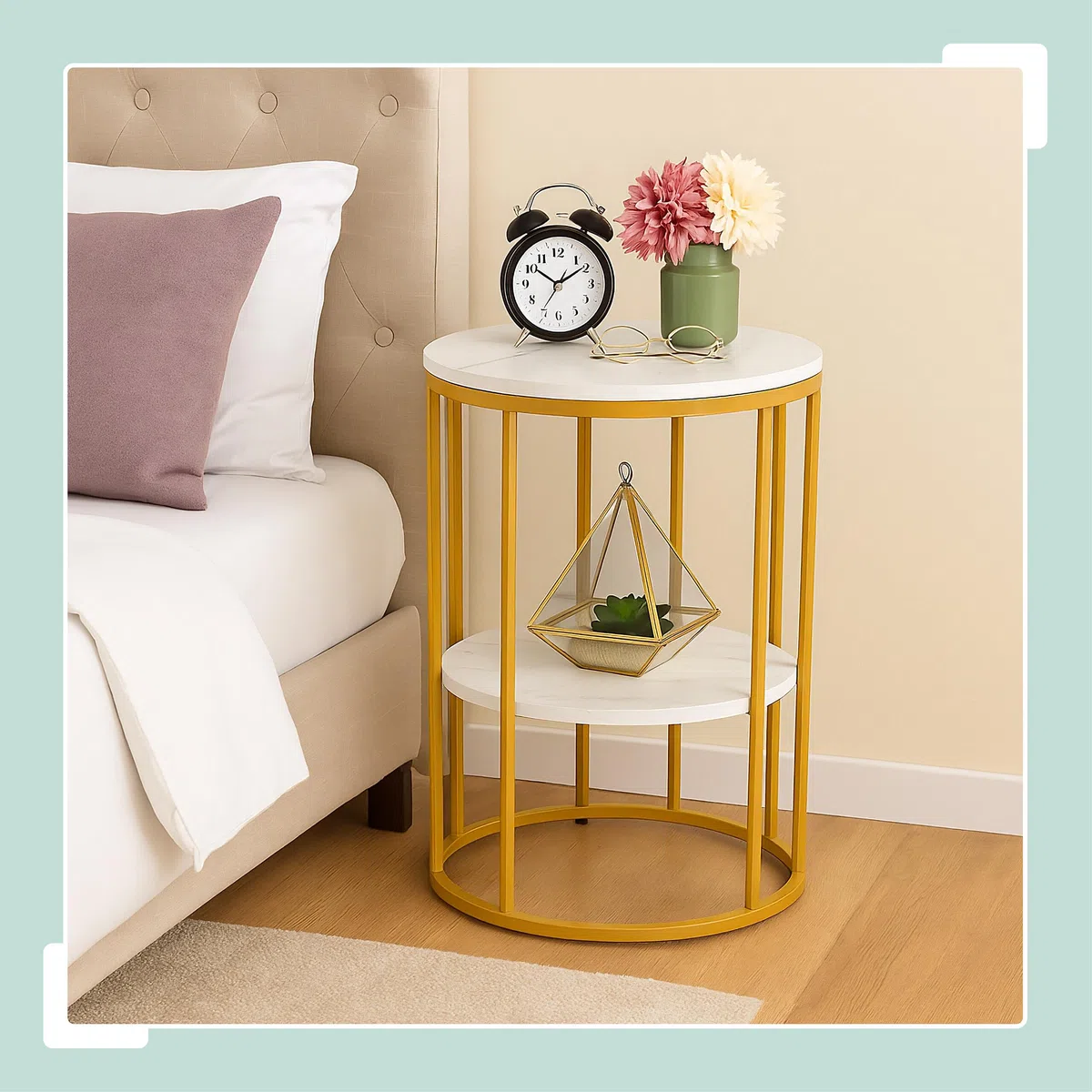 Relaxdays Table d'appoint, 2 Plateaux Aspect marbre, métal et MDF, H x D : 57 x 40 cm, pour Le Salon, Blanc et Noir