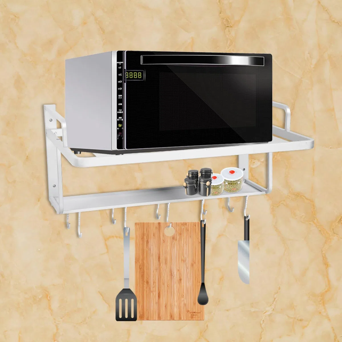 Support de Four à Ondes à Double Couche en Aluminium, Multi-Crochets pour Suspendre L'étagère de Rangement de Cuisine, Organisateur 55x38.5x25cm