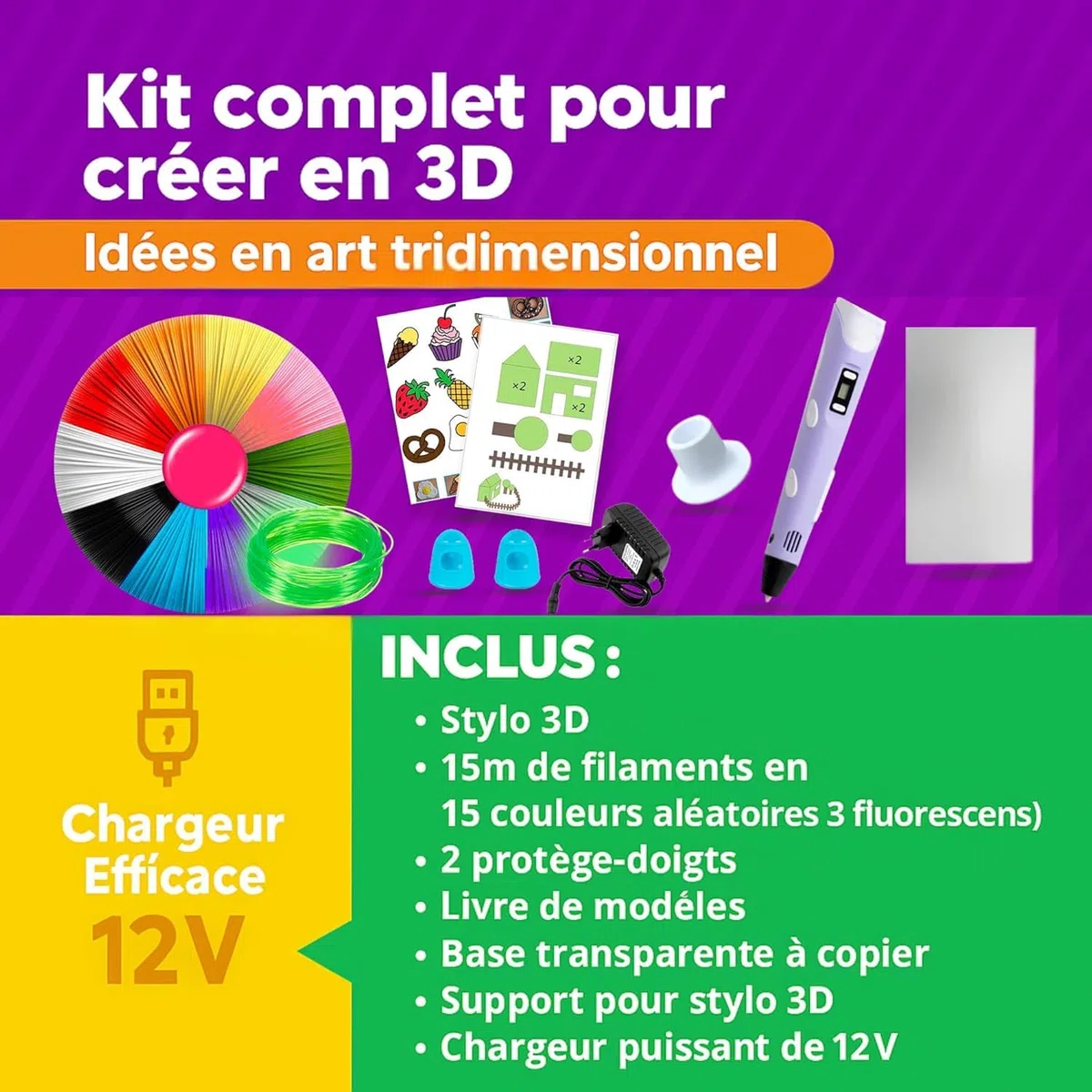 Stylo 3D de précision | Kit Complet avec 45 m de Filament PLA (15 Couleurs) et 3 Couleurs Fluorescentes | Vitesse réglable | Outil pour travaux manuels et réparations. Sac DE Transport Inclus