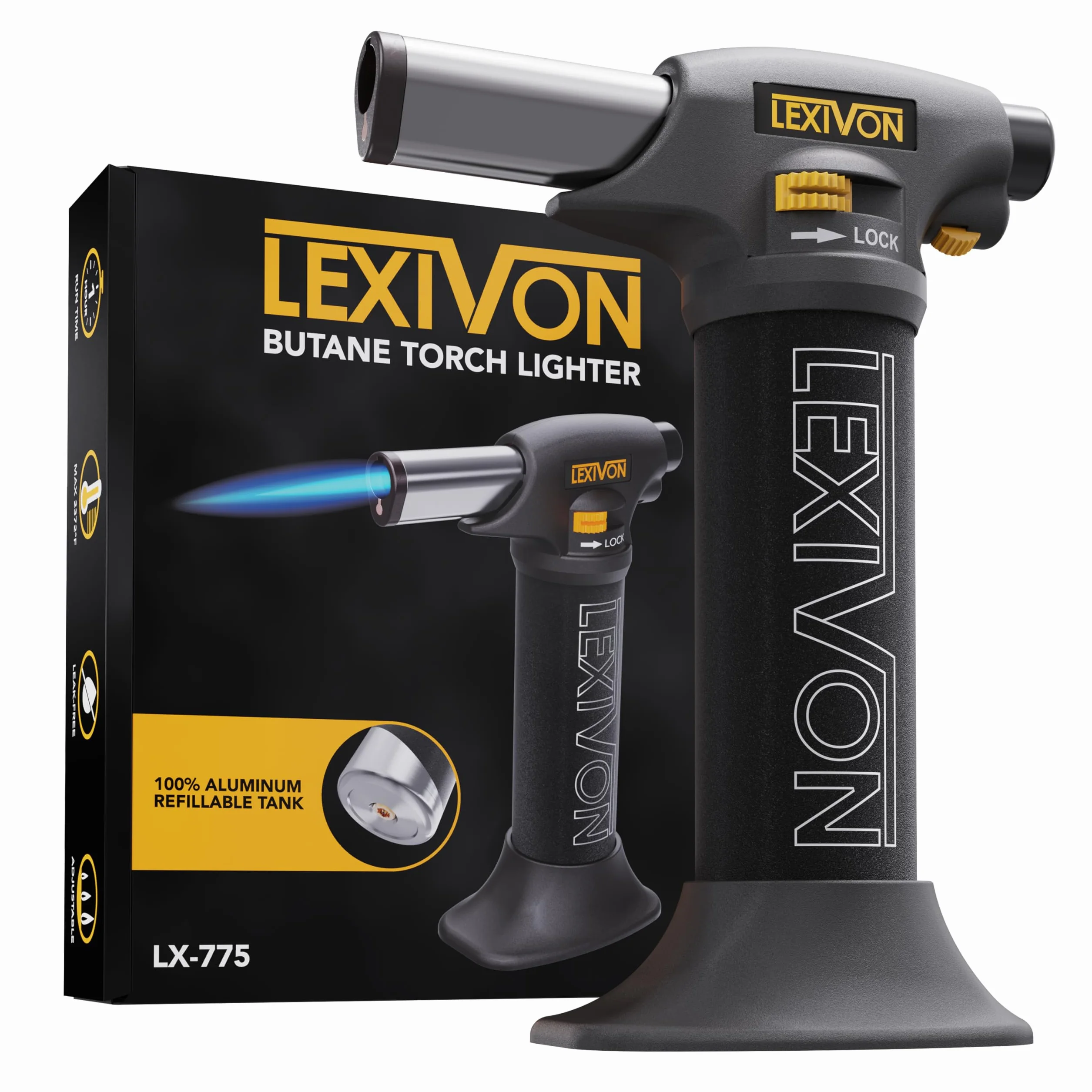 LEXIVON Chalumeau de Cuisine au Butane, Rechargeable | Allumage Automatique avec Verrou de Sécurité et Flamme Réglable | Réservoir en Aluminium de Qualité Professionnelle (LX-775)