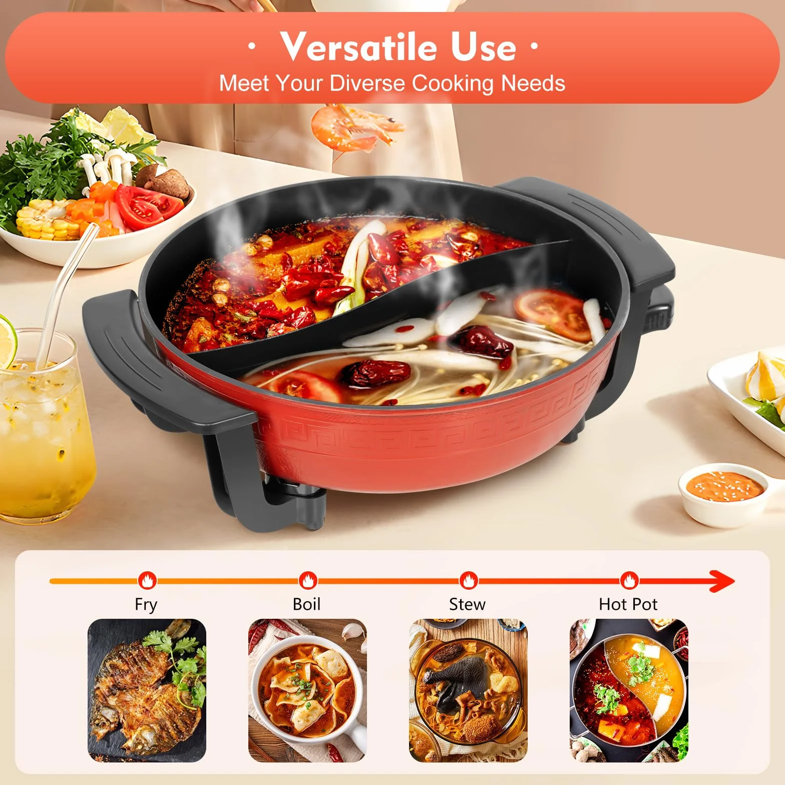 Marmite éLectrique PoêLe éLectrique De FêTe PoêLe Multifonction Thermostat RéGlable Avec Un Couvercle Convient Pour Les DîNers De Famille, Les RéUnions, Les FêTes, Etc.