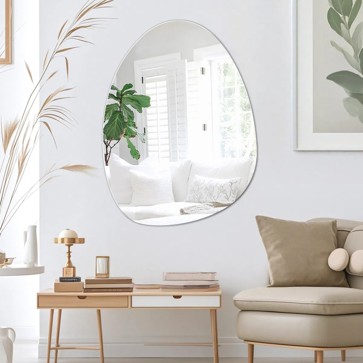 Grand Miroir Asymétrique 60 x 45 cm Miroir Mural Ovale Irrégulier Verre HD décoratif Moderne Miroir Salle de Bain Chambre Salon Entrée