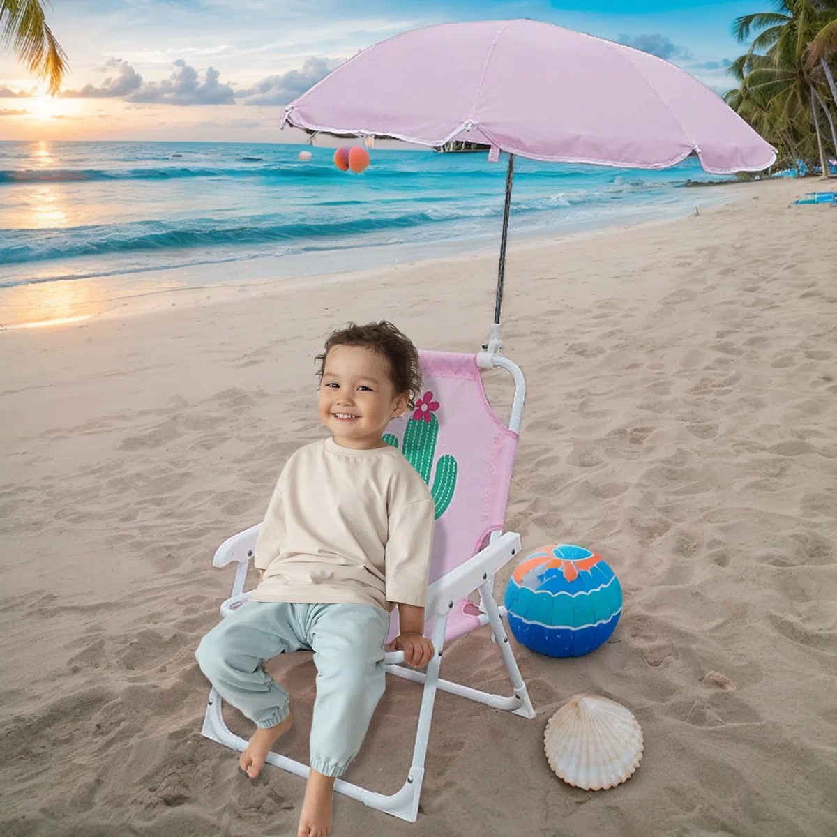 Chaise de Plage pour Enfants avec Parapluie, Pliable et détachable Portable Tissu Oxford Chaise de Plage pour Enfants Mignon avec canopée pour l'été extérieur, Cactus