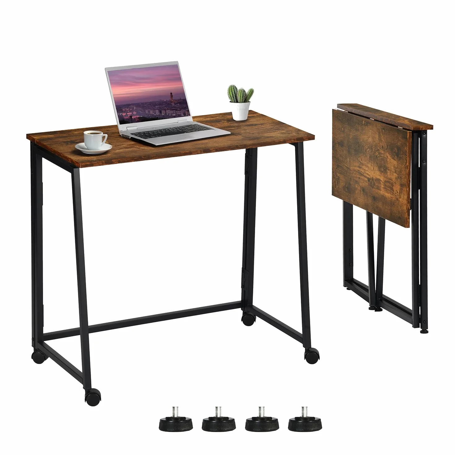 Meuble Cosy Bureau Pliant avec 4 roulettes pour Petits Espaces Table d'Ordinateur Pliante pour Domicile Poste de Travail Chambre Salon, Style Industriel, Cadre en Métal, Marron