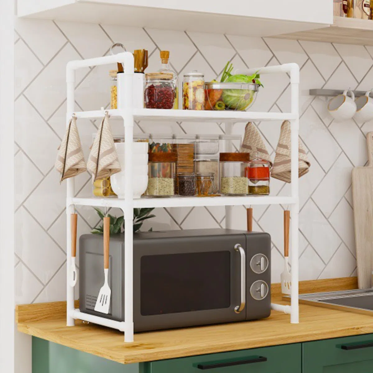 Étagère de Four à Micro-Ondes, étagère avec Crochets, Organiseur de comptoir de Cuisine – Étagère de Rangement Utilitaire réglable et Robuste pour la Cuisine