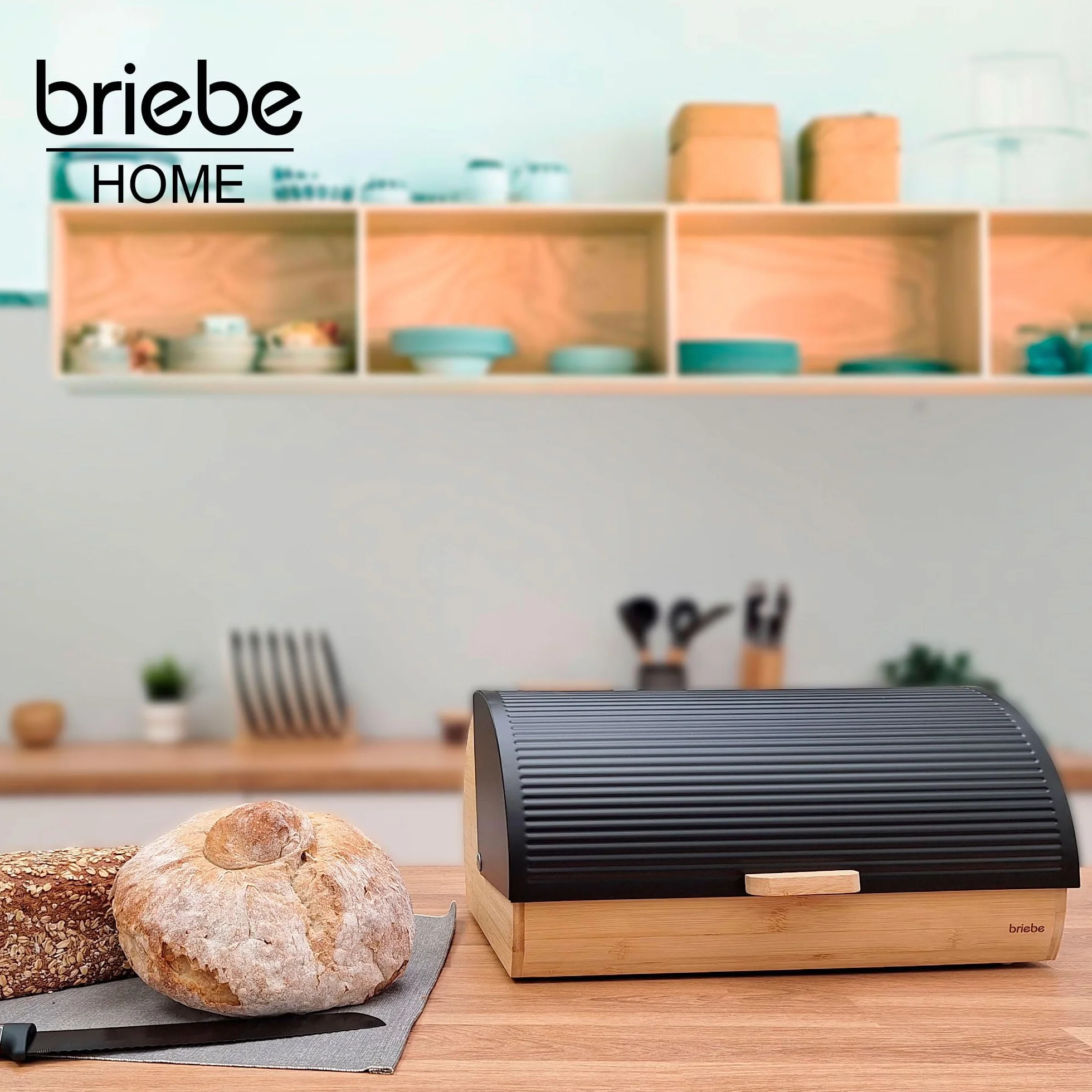 briebe Nordic Boîte à Pain en Bois de Bambou, Couvercle Coulissant pour Conserver le Painen, Bread Box pour le Rangement des Viennoiseries, Design Nordique Moderne, Noir