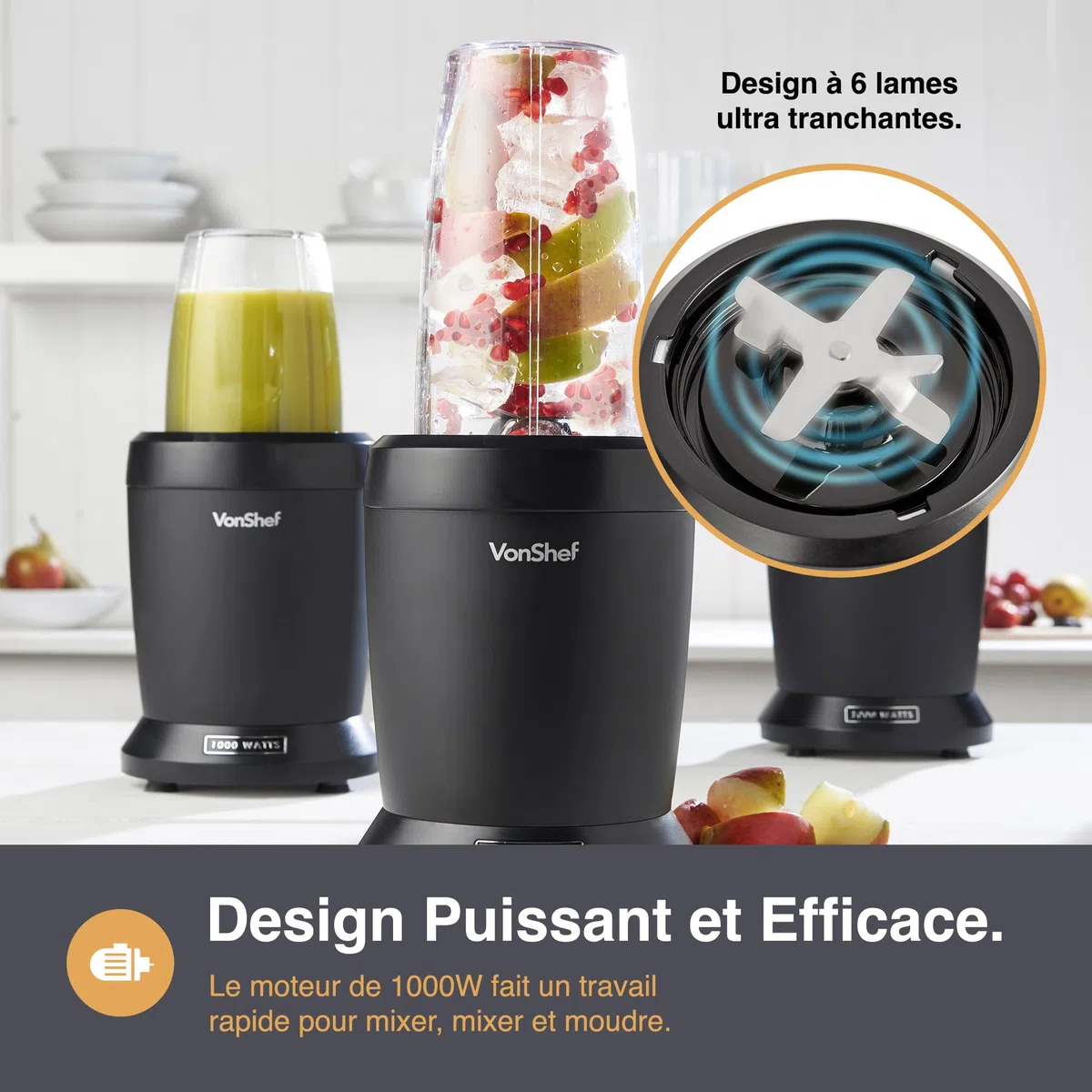 VonShef Blender Smoothie de 1000 W - Mini Mixeur Blender pour Fruits, Légumes et Glace Pilée - Avec Tasses de Voyage de 500 ml et 800 ml, 1 Bouton de Contrôle - Noir