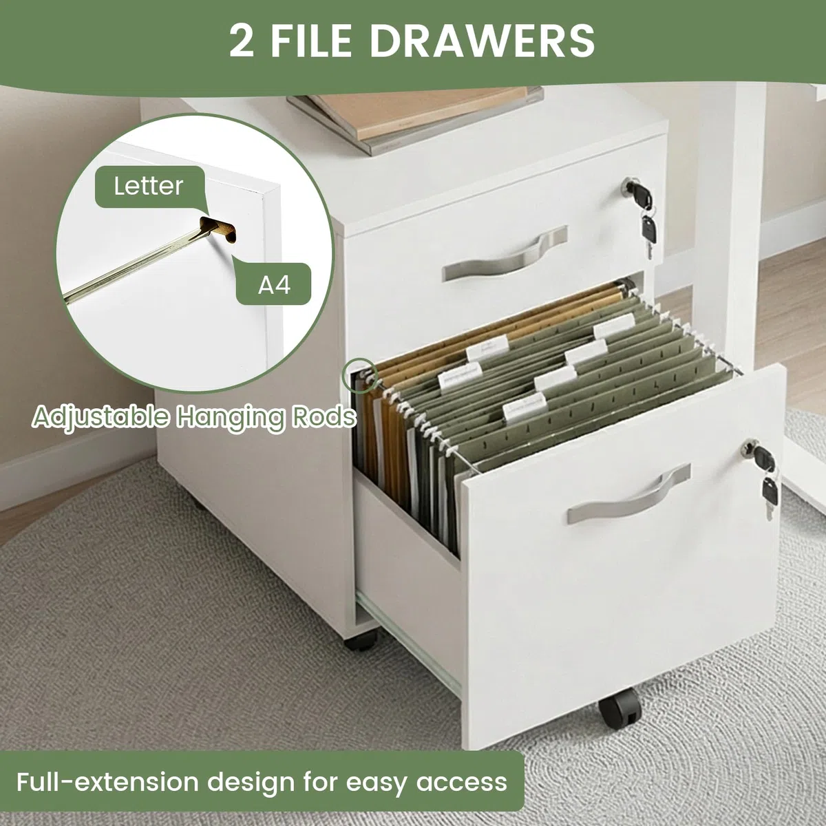 Caisson de Rangement, Meuble Bureau à 5 roulettes, 2 Tiroirs, Verrouillable Meuble sous Bureau 53.5 cm Hauteur, Blanc