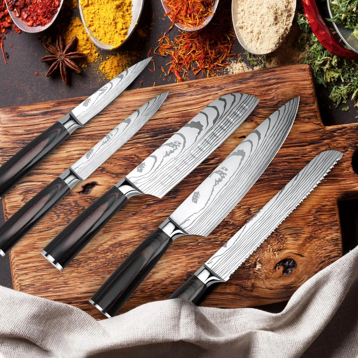 Couteau Cuisine Couteau Japonais Acier Inoxydable à haute teneur en carbone avec Poignée Ergonomique, Couteaux de Cuisine Professionnel (5PCS)