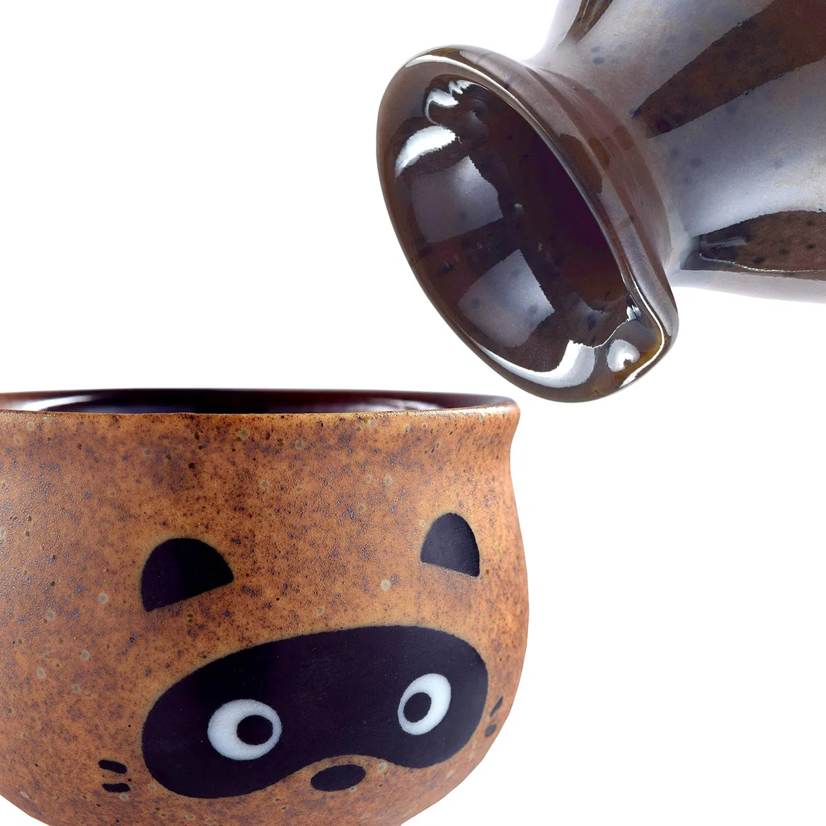 Mino Ware Traditional Japanese Sake Set, Tokkuri Bottle and 2 Ochoko Cups, Tanuki Japanese Racoon Dog