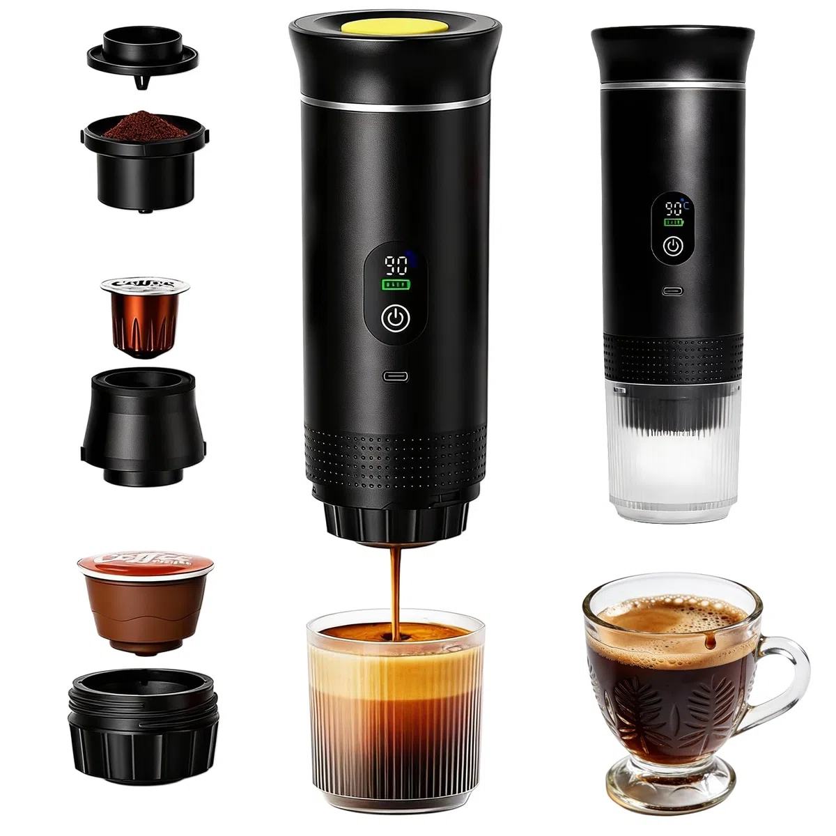 Machine à Cafe Portable, Cafetiere Portable Rechargeable, Auto-Chauffante Mini Expresso Machine à Café Capsules, Charge USB-C, Compatible avec Café Moulu et Capsules NS pour Camping, Voyages, VR