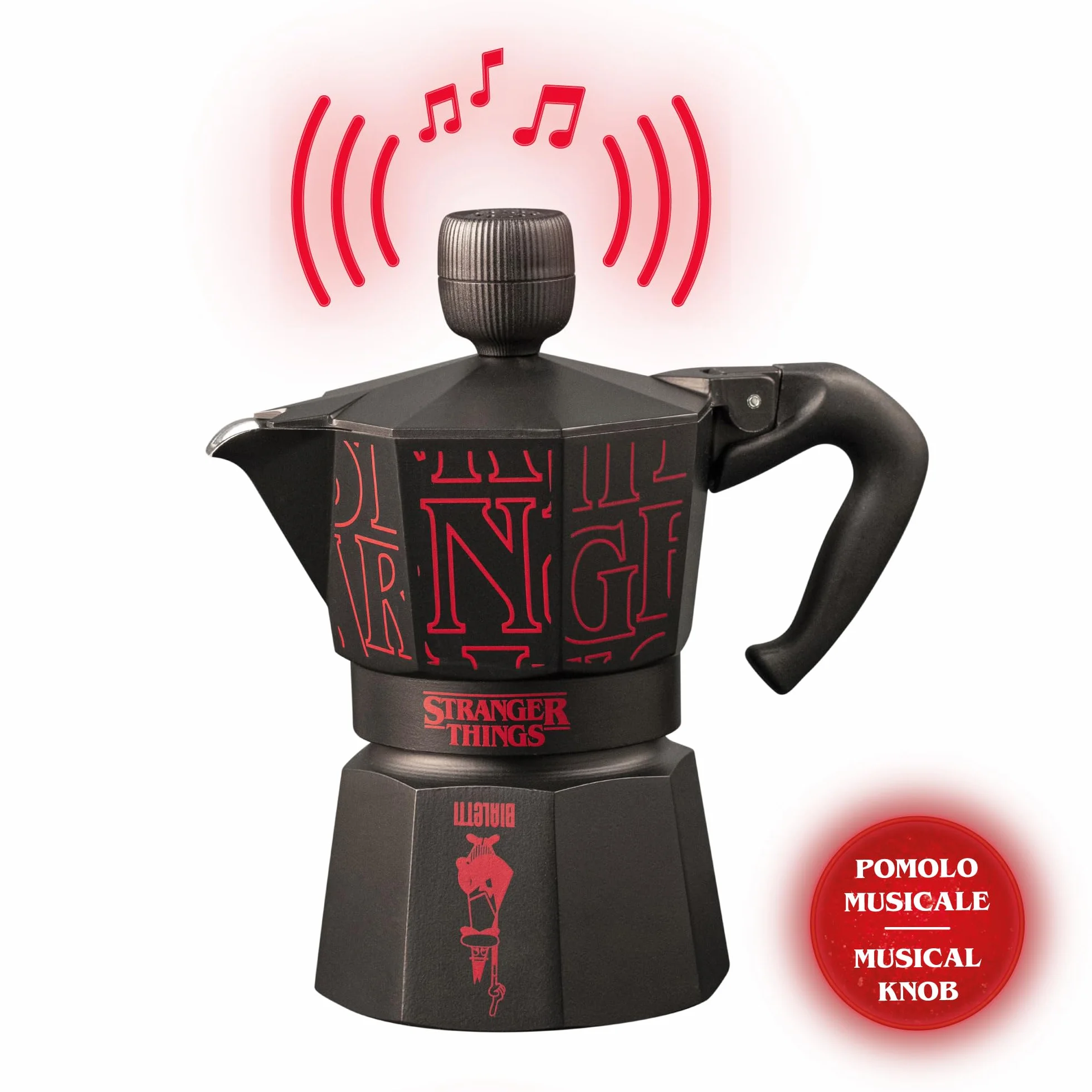 Bialetti Moka Express Stranger Things – Cafetière italienne 3 tasses (130 ml), bouton musical avec recharge USB-C, non compatible induction, noir
