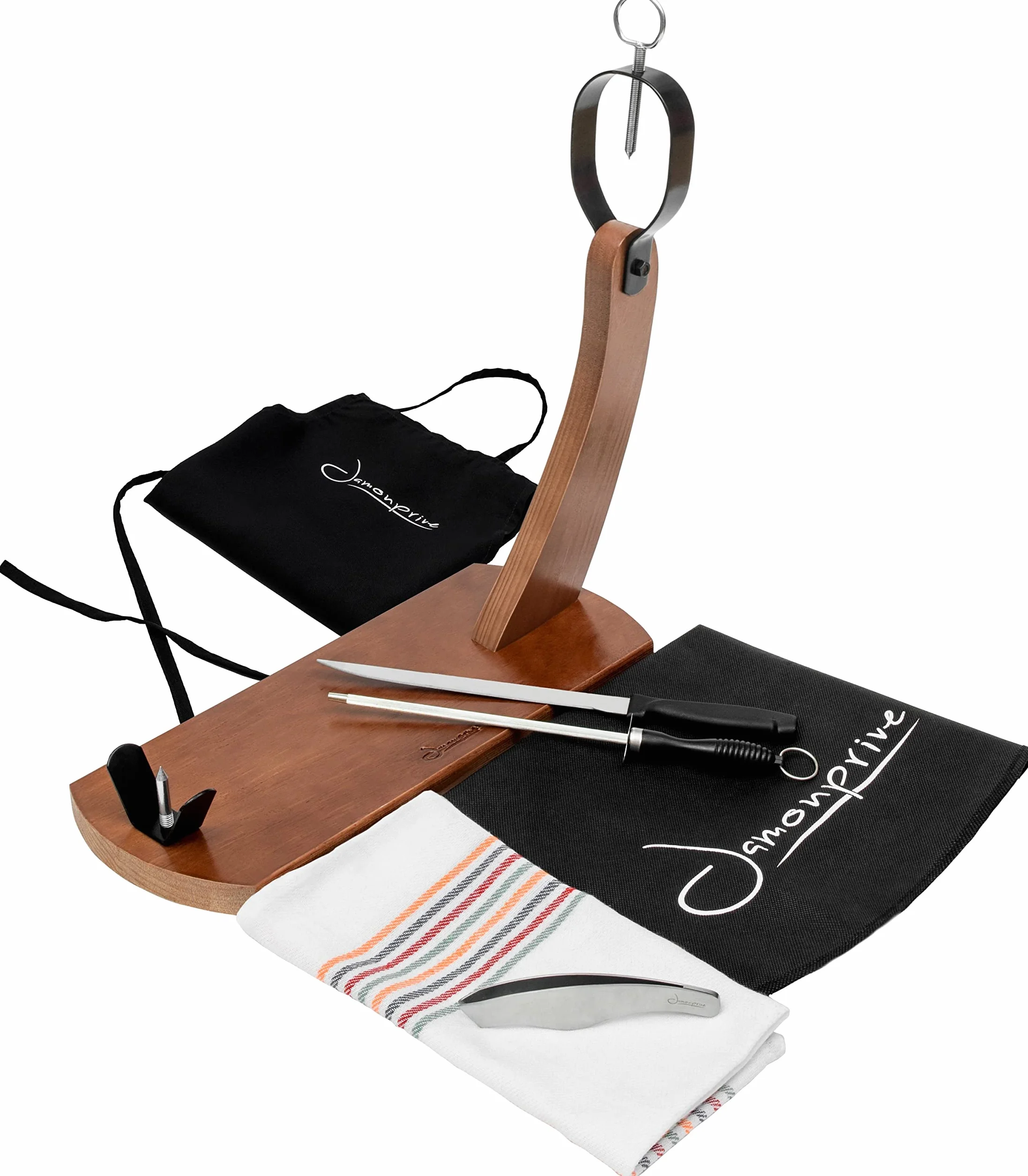 Jamonprive Support à Jambon Professionnel Laqué avec Couteau + Fusil à Aiguiser + Couvre Jambon + Torchon + Tablier + Pinces - Porte-Jambon Idéal pour le Jambon Serrano, Ibérique et le Prosciutto