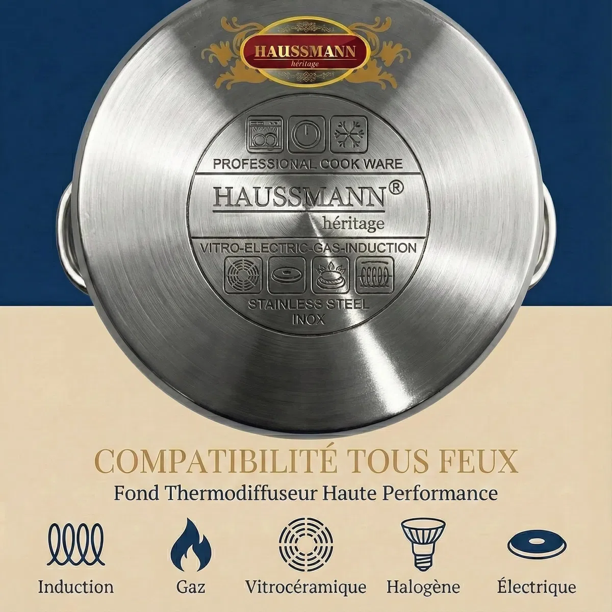 Haussmann Héritage - Couscoussier 3 en 1 Acier Inoxydable (4L/18x15x8cm) - Cuit Vapeur & Faitout - Inclut Panier à Semoule - Couvercle Verre - Compatible Induction & Lave-vaisselle - Sans PFOA