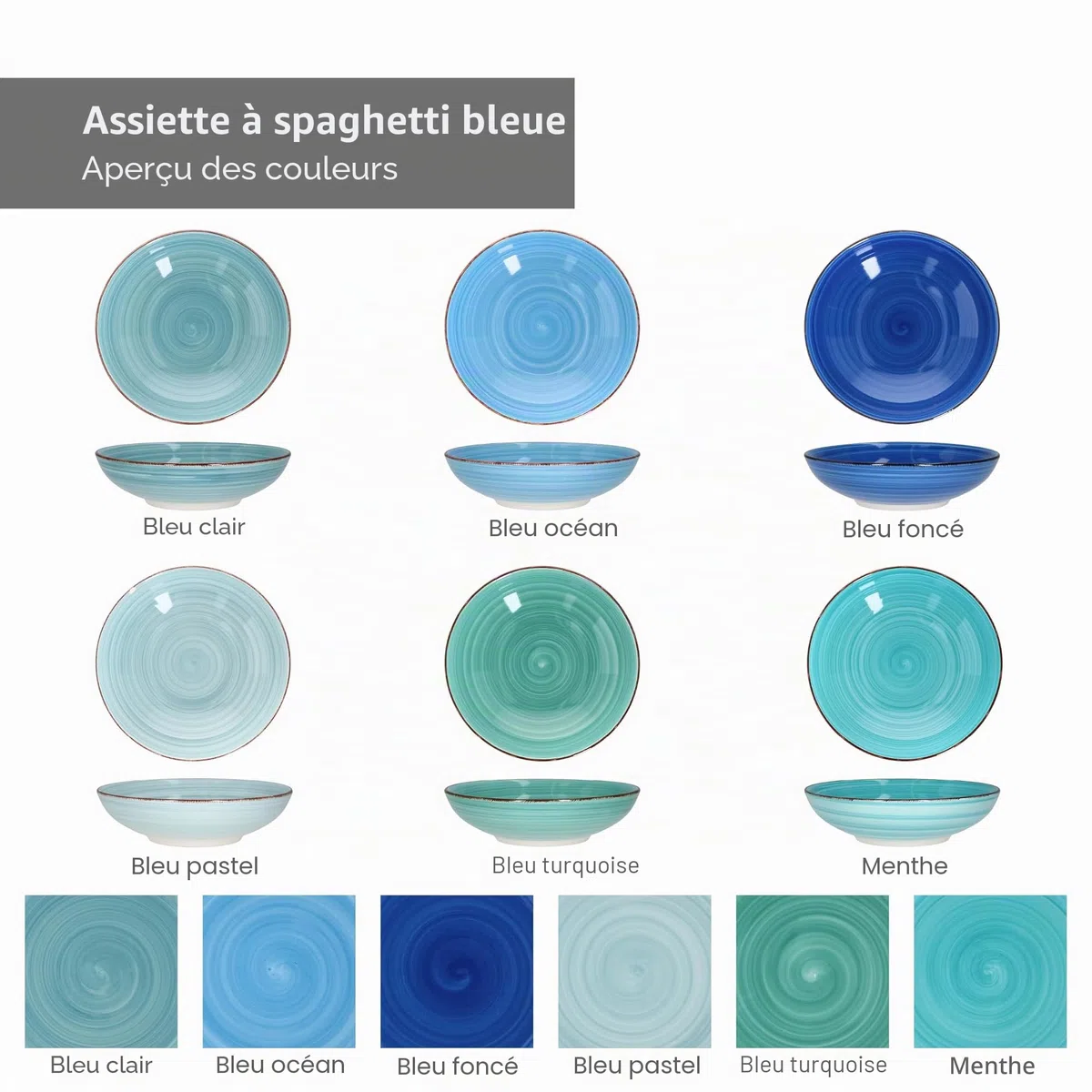MamboCat Blue Lot de 6 assiettes à spaghetti profondes I Ø 23,5 cm I 800 ml I 6 personnes I Grande assiette à pâtes maritimes Assiette à soupe Bol de service I Vaisselle en grès