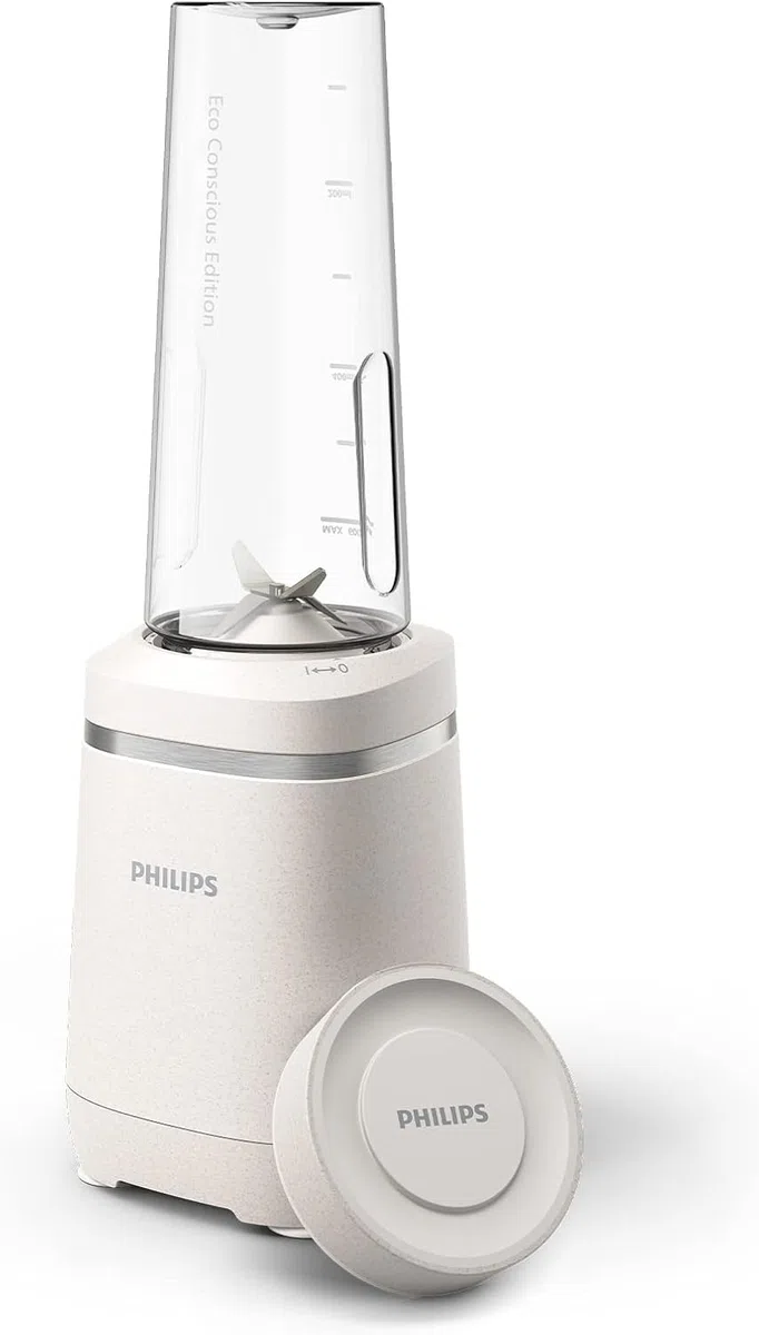 Philips Blender mixeur Série 3000 - Collection Eco Conscious, Technologie ProBlend, gourde de 0.6L Blend&Go, lames en inox, 350W, Plastiques 100% biosourcés, blanc soie mat (HR2500/00)