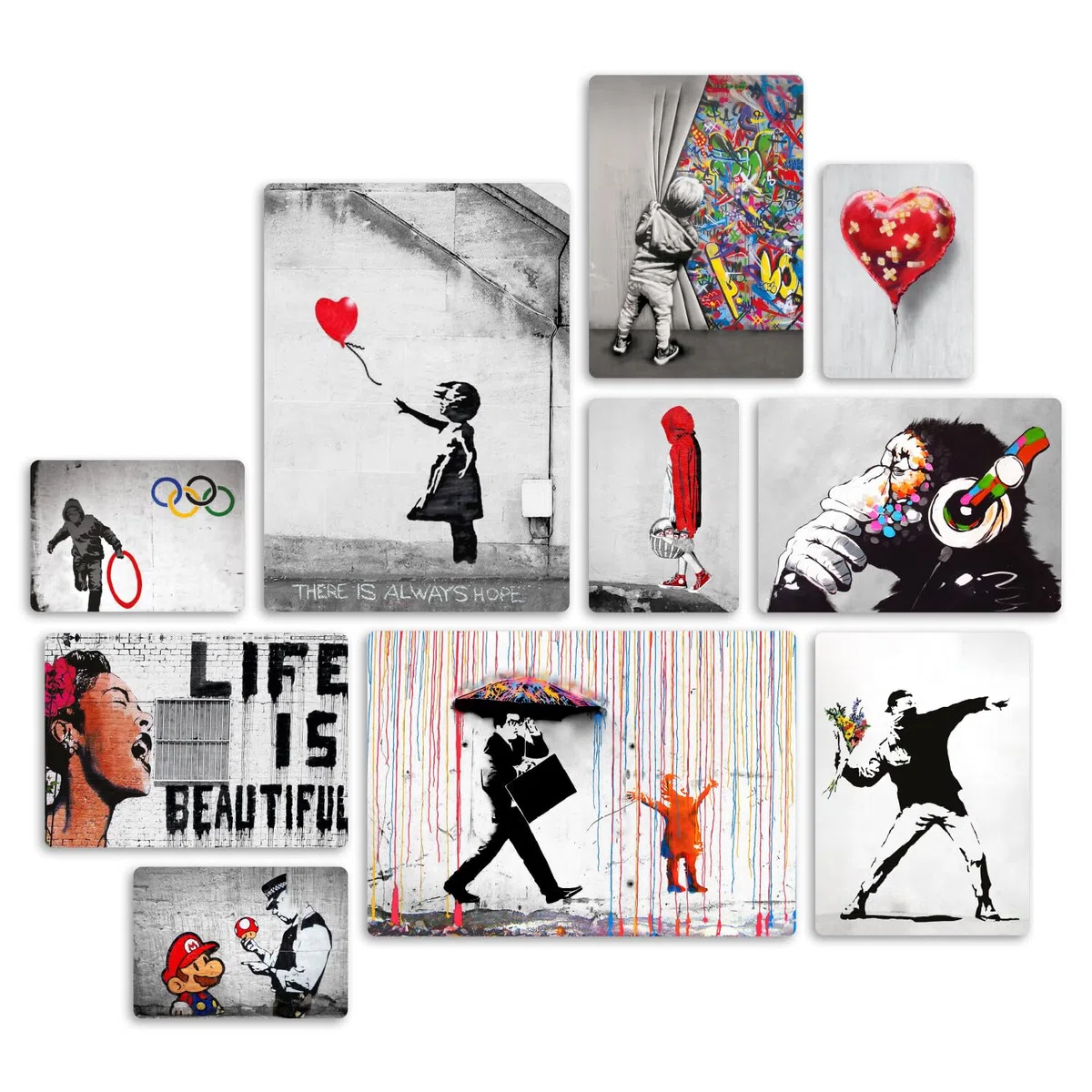 Giallobus - Ensemble de 10 peintures multi-panneaux - Banksy - Collection 1 - Bois MDF - - 2 x 42x29,7cm - 4 x 29,7x21cm - 4 x 21x14,85cm - - Prêt à accrocher - Tableaux