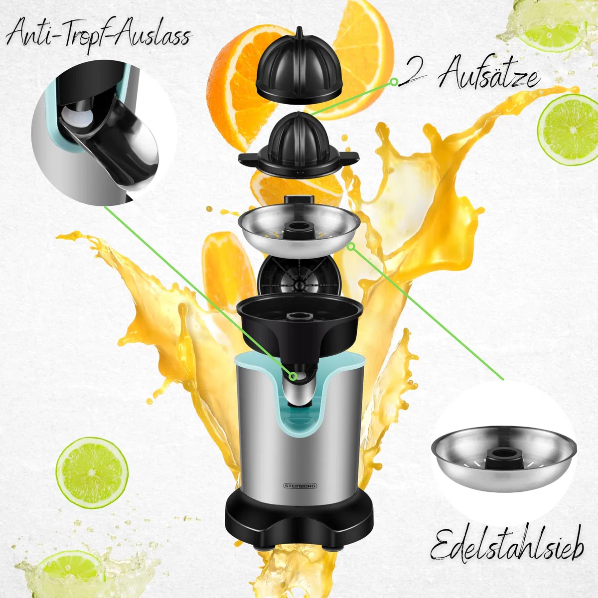 Steinborg Presse-agrumes, électrique, 800 W, acier inoxydable, démarrage, arrêt automatique, passe au lave-vaisselle