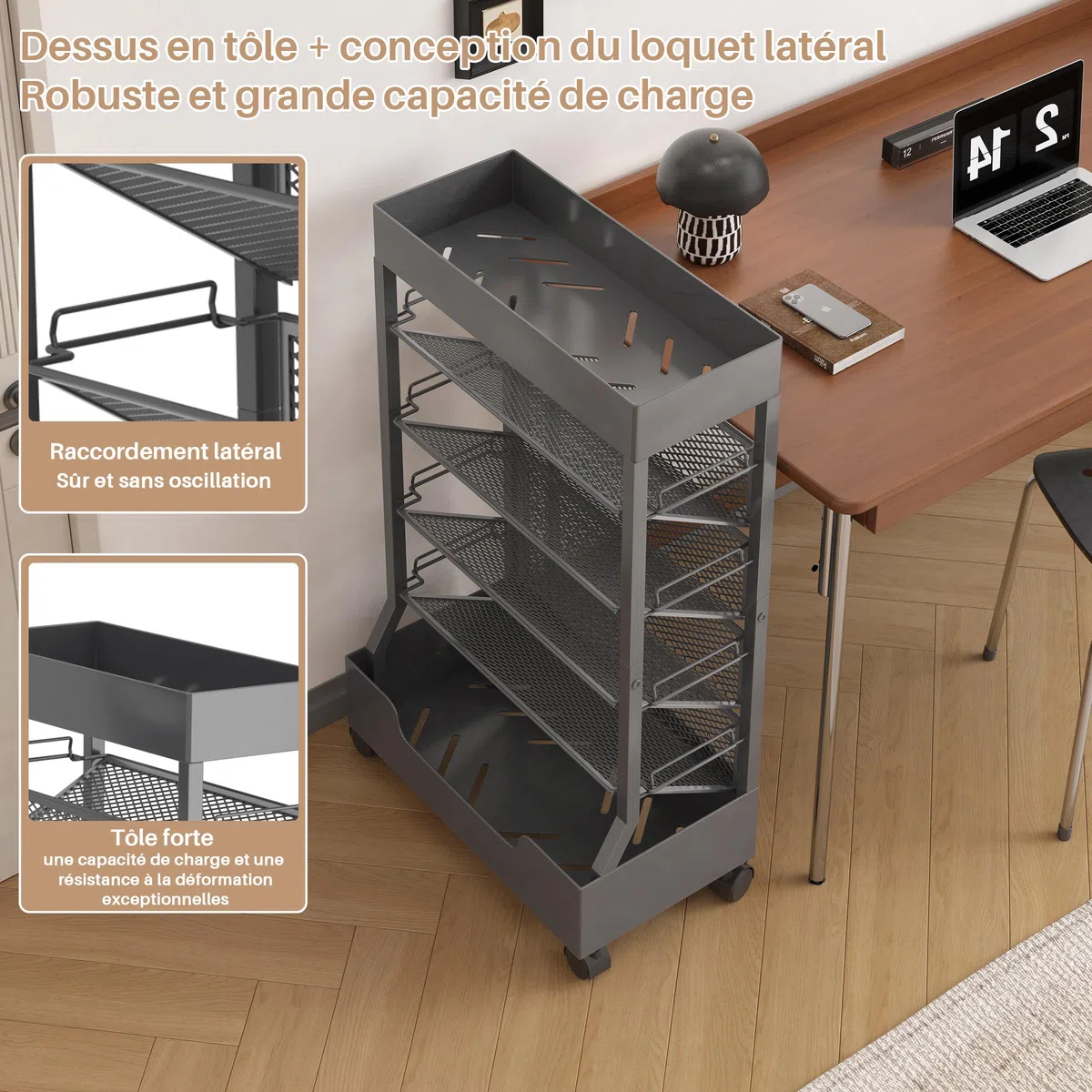 Bibliothèque mobile avec roue, organisateur de bureau, étagère de bureau, chariot à livres, porte-revues, grande capacité, gris