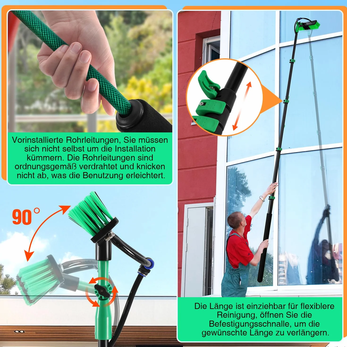 Brosse de lavage télescopique 3,6 m, avec manche télescopique en aluminium, brosse télescopique avec raccord d'eau, nettoyage des installations PV, brosse télescopique, avec poils souples