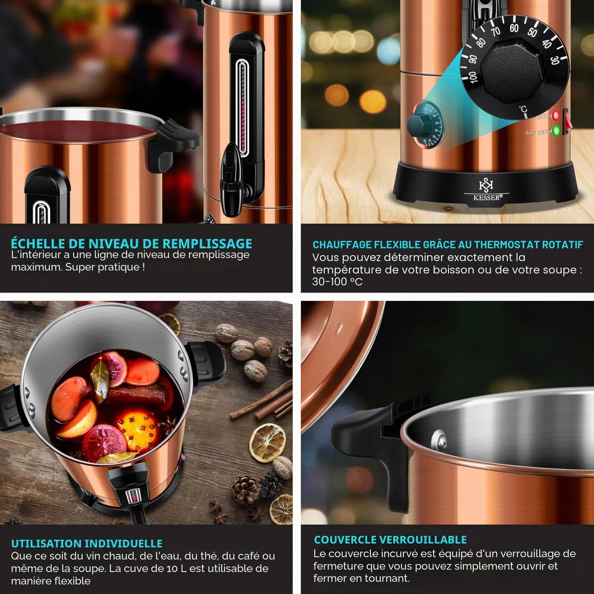 KESSER® Bouilloire à vin chaud en acier inoxydable 10 l avec 10 tasses avec thermostat - Distributeur automatique d'eau chaude - Indicateur de niveau de remplissage - Robinet