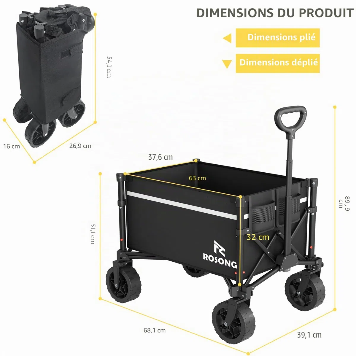 ROSONG Chariot pliable avec roues – Chariot utilitaire et robuste pour épicerie, sport, jardin, shopping, camping – Brouettes (noir, 90 l)
