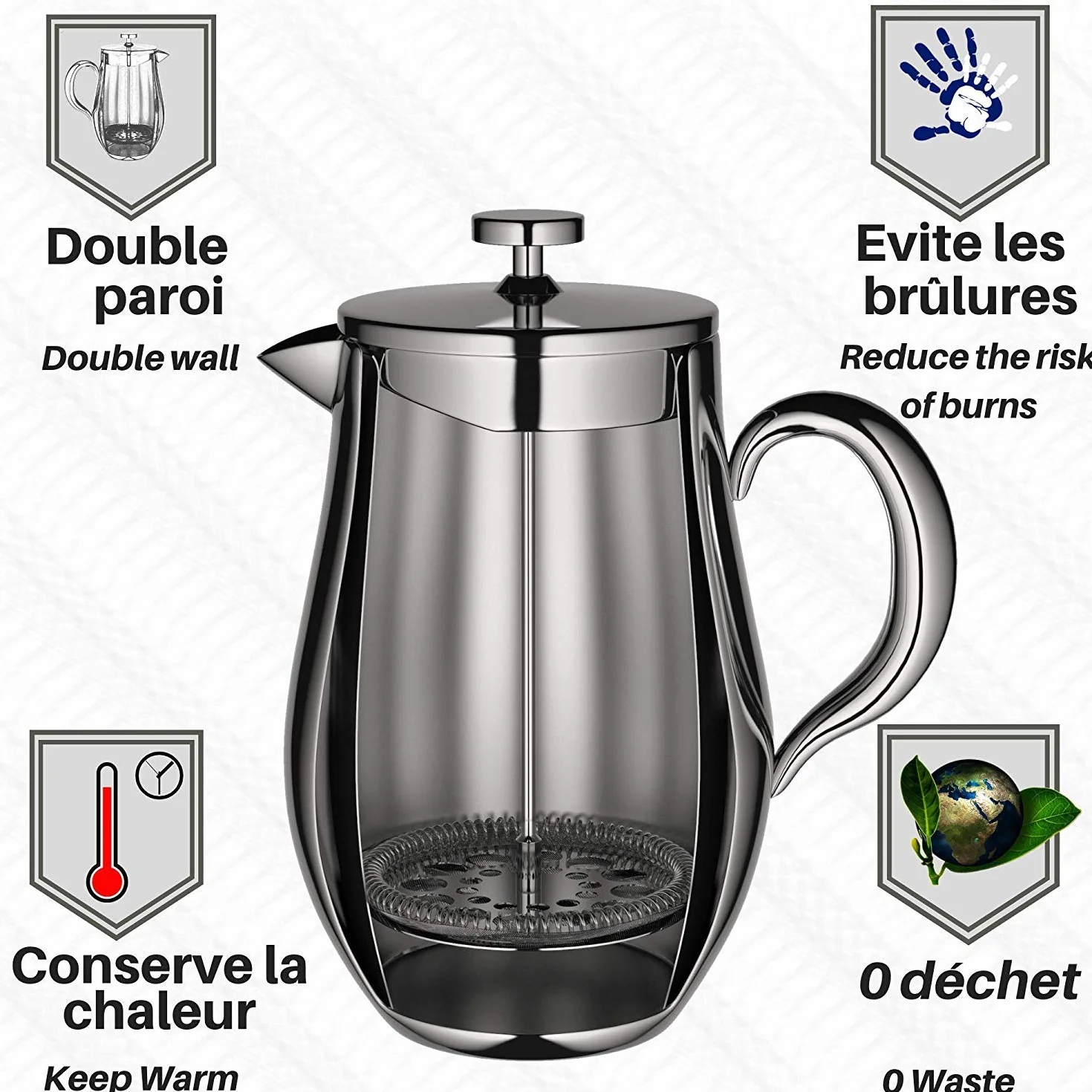 VeoHome - Cafetière à Piston 1 Litre - Incassable et Garde Le café Chaud Longtemps grâce à sa Double Coque INOX…