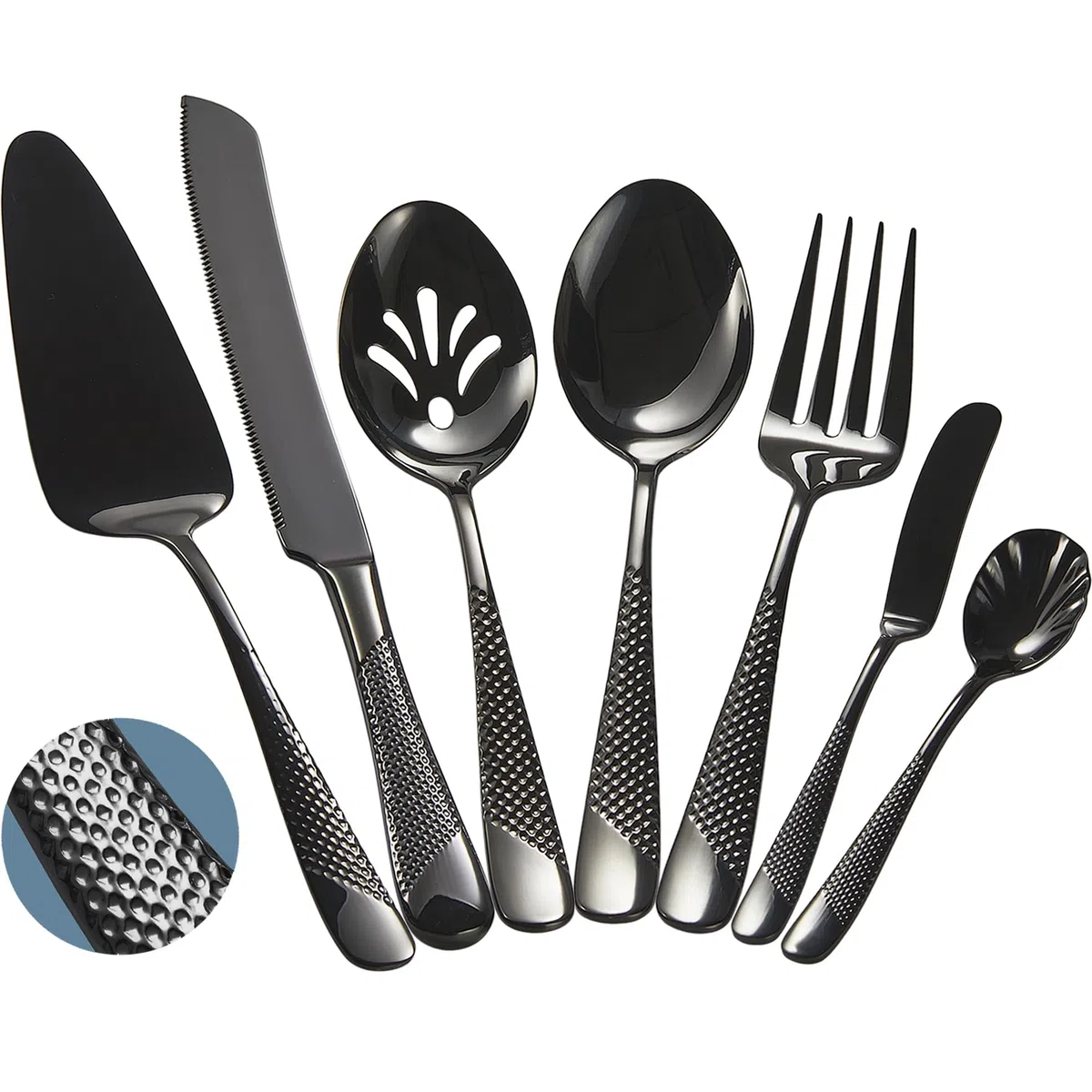 Lot de 7 couverts de service en acier inoxydable martelé 18/10 – Couverts d'hôtesse avec couteau à gâteau et pelle à gâteau (Noir)