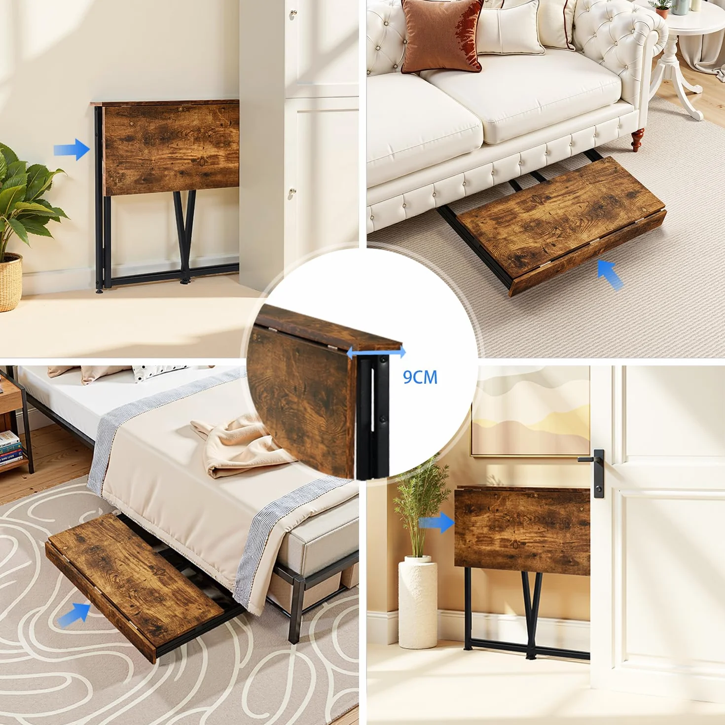 Meuble Cosy Bureau Pliant avec 4 roulettes pour Petits Espaces Table d'Ordinateur Pliante pour Domicile Poste de Travail Chambre Salon, Style Industriel, Cadre en Métal, Marron