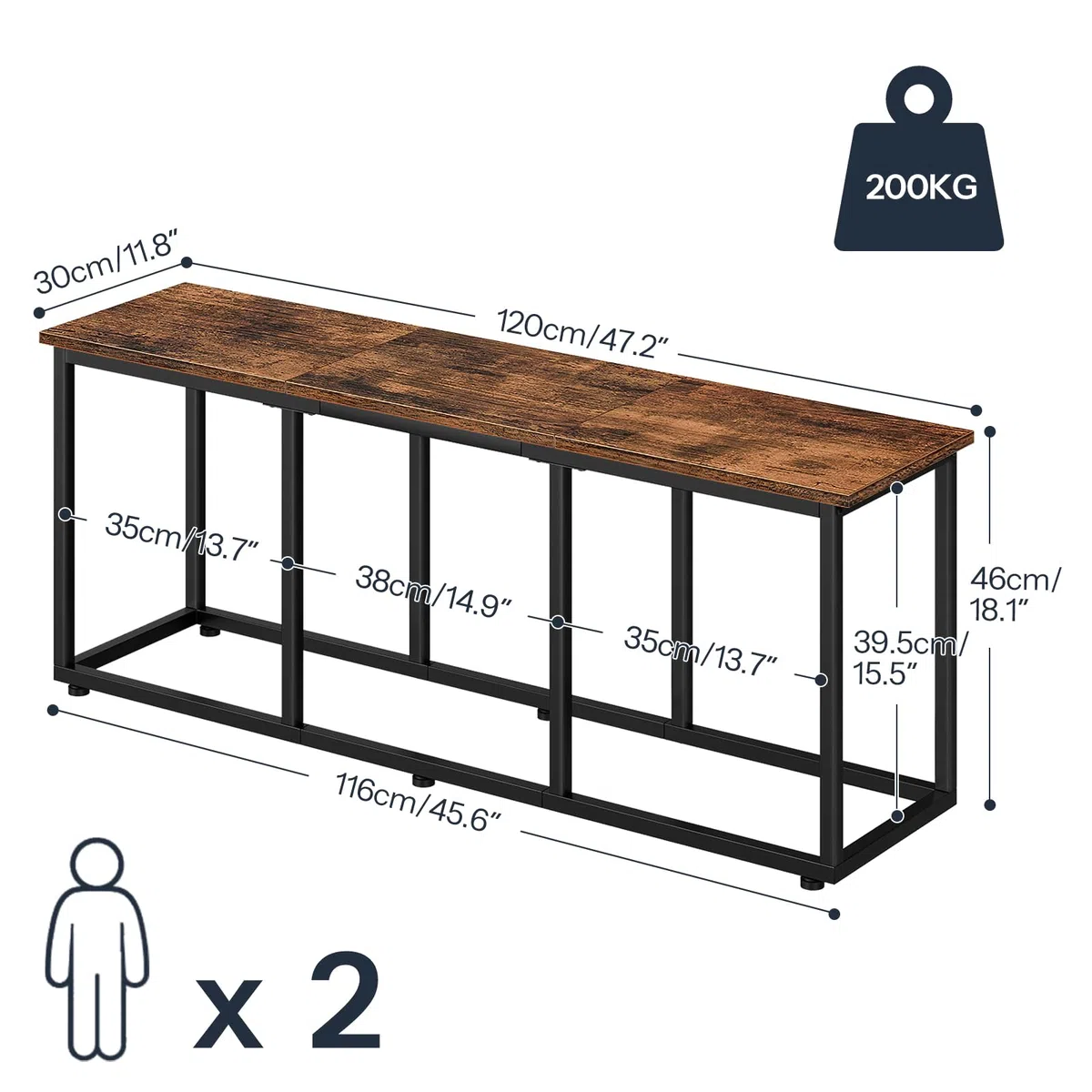 HOOBRO Banc de Cuisine Long de 120 cm, Banc à Chaussures Industriel, Bout de lit, Chaise Longue pour Salle à Manger, entrée, Chambre, Marron Rustique et Noir EBF45CD01