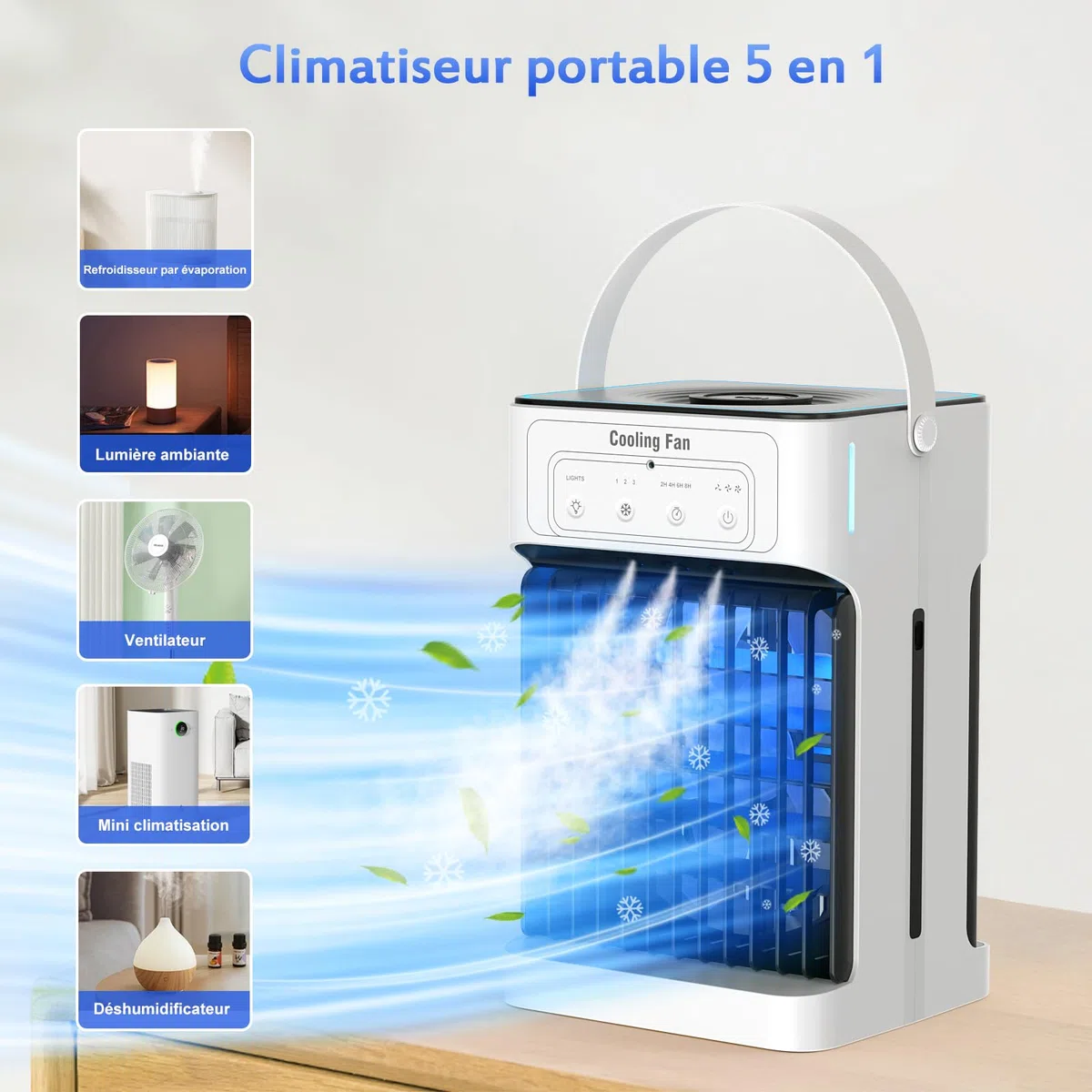 Portable Climatiseur Mobile, 1100ML Rafraichisseur d'air avec 3 Vitesses d'air & 3 Brumes de Refroidissement, 2-8H Timer & 7 LED,USB Clim Mobile pour Chambres,Appartements et Bureaux