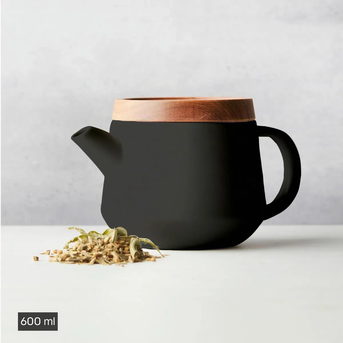 Point-Virgule Théière avec infuseur à thé en INOX, Service a The avec Couvercle, sous-Verre en Acacia, Noir, 600ml