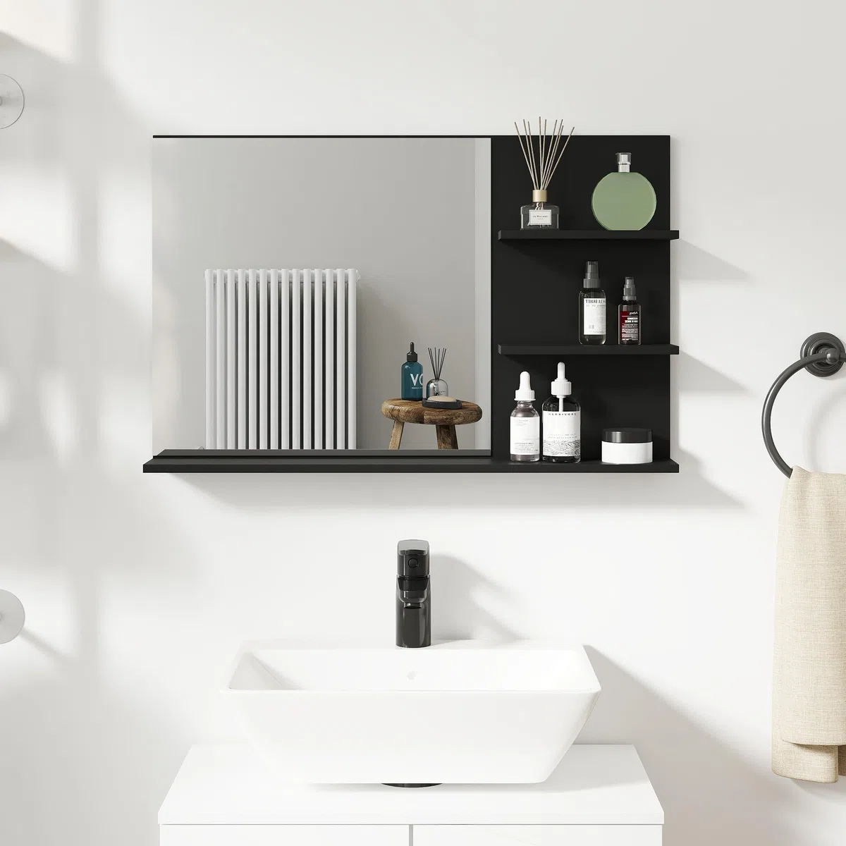 kleankin Miroir de Salle de Bain Moderne avec 2 étagères latérales et Une étagère inférieure, Miroir Mural en MDF et Verre, 75x10x48 cm, Noir