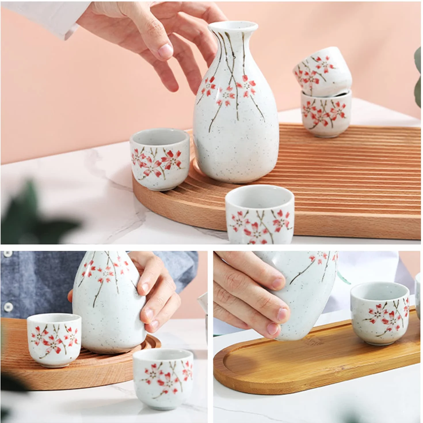 Service à Saké Japonais, 5PCS Bouteille de Saké, 1 Pichet et 4 Tasses, Ensemble pour Famille et Restaurant
