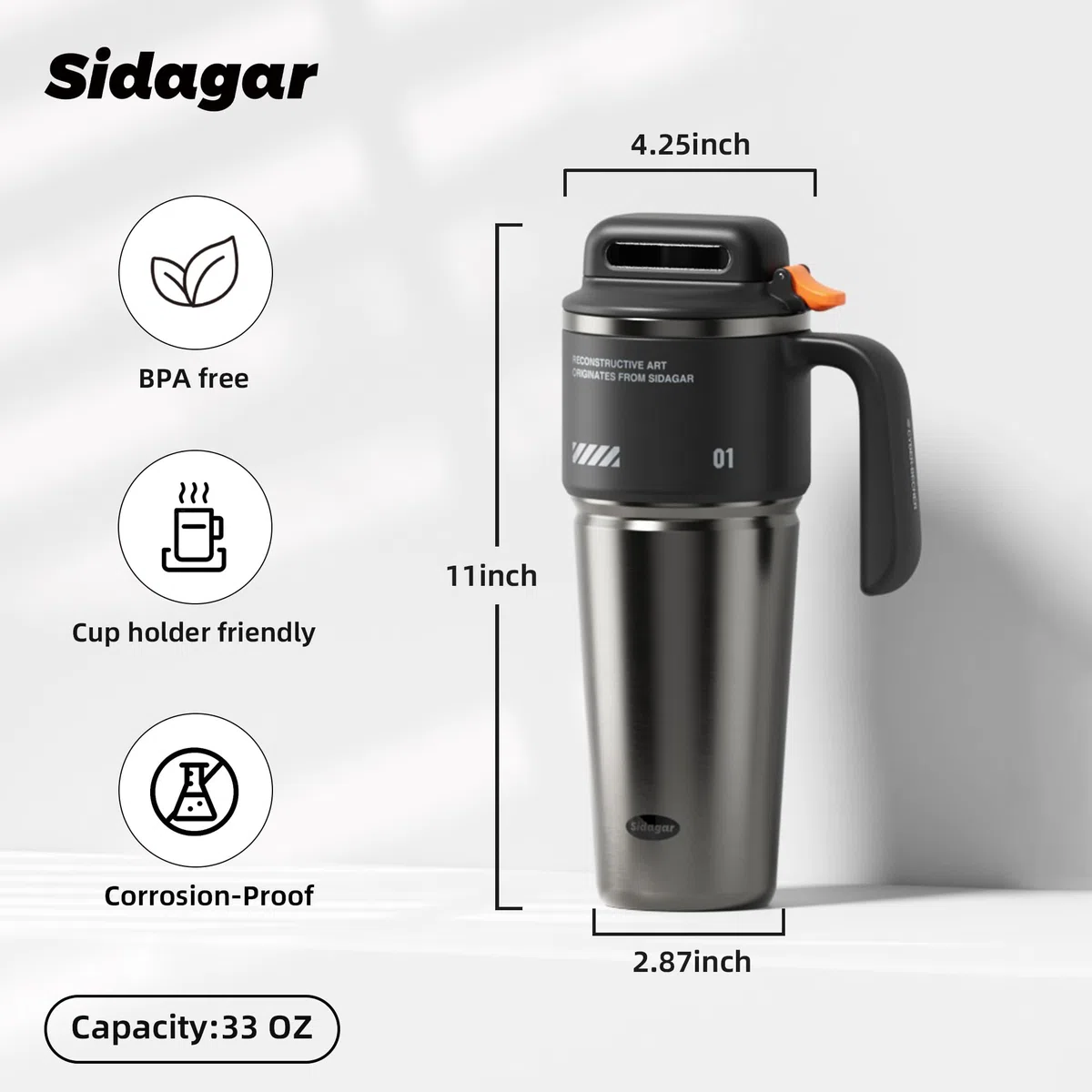 Gourde Isotherme 1L avec Poignée, Mug de Voyage Inox, Bouteille d’Eau avec Ouverture à Bouton, Anti Fuite, Thermos Compatible Porte-Gobelet, Noir