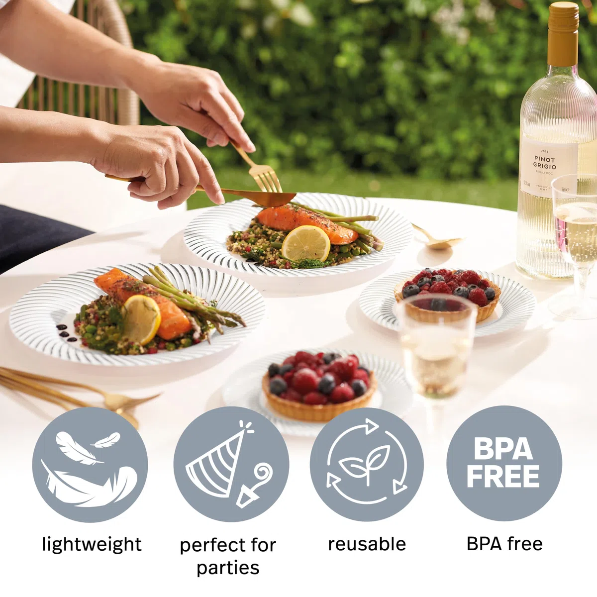 MATANA 120 Assiettes en Plastique Réutilisables Blanches Premium avec Bordure Argentée (60 Assiettes Plates, 60 Assiettes à Dessert) - Solide & Incassable pour Mariages, Anniversaires, Fêtes