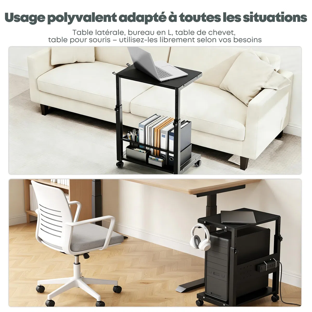 Support Tour PC avec roulettes - 2 étages Support unité Centrale avec roulettes et Tapis de Souris, Hauteur réglable de 52 cm à 77 cm, pour Gaming, Bureau, Maison, Charge Max 40 kg/Niveau, Noir