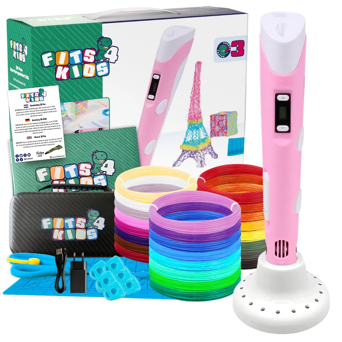 Kit de démarrage pour imprimante 3D - Cadeau pour enfants XXL - Avec filament PLA de 140 m et accessoires (rose)