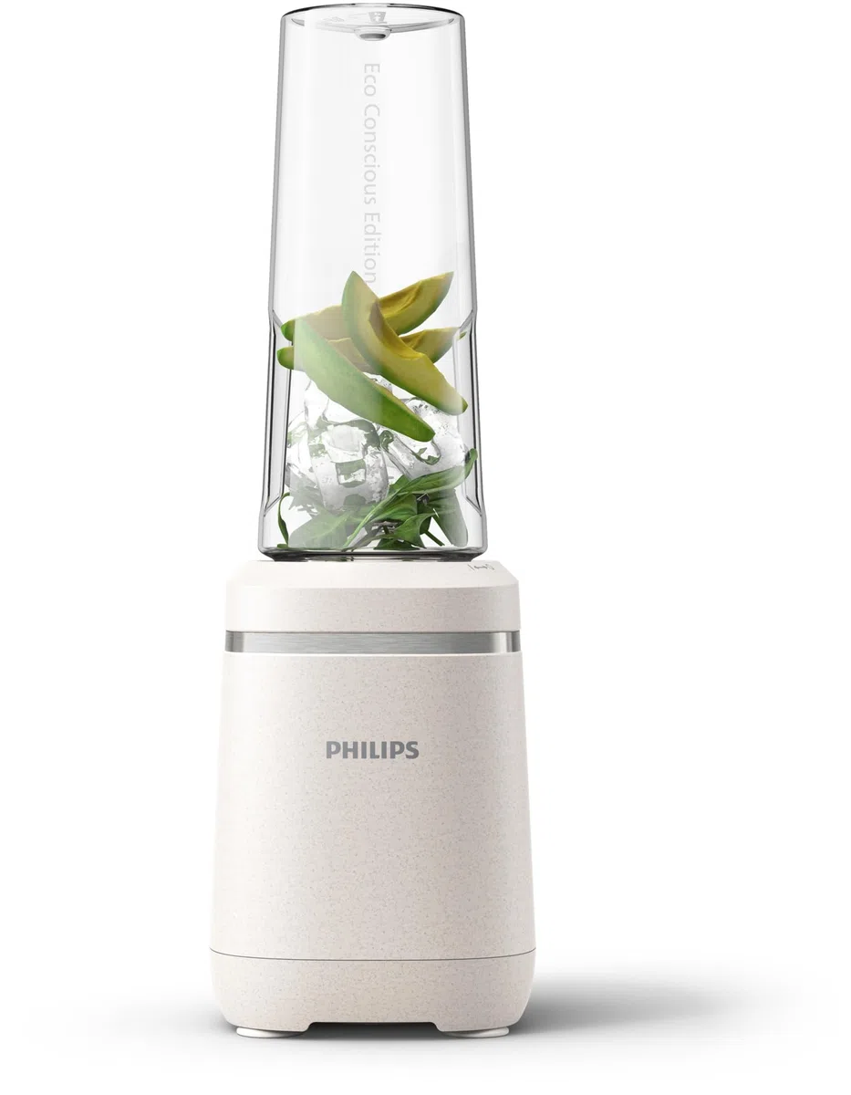 Philips Blender mixeur Série 3000 - Collection Eco Conscious, Technologie ProBlend, gourde de 0.6L Blend&Go, lames en inox, 350W, Plastiques 100% biosourcés, blanc soie mat (HR2500/00)