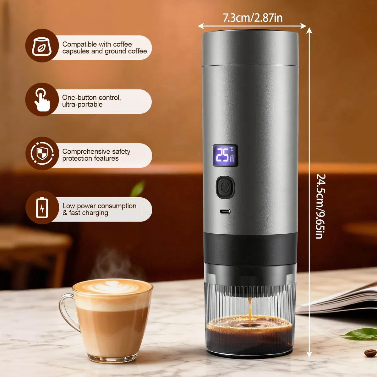 Machine à expresso portable 3 en 1 avec batterie – 20 bars, extraction à froid/chaud, compatible avec capsules et café moulu, USB C, mini machine à café pour camping, voiture, bureau et voyage