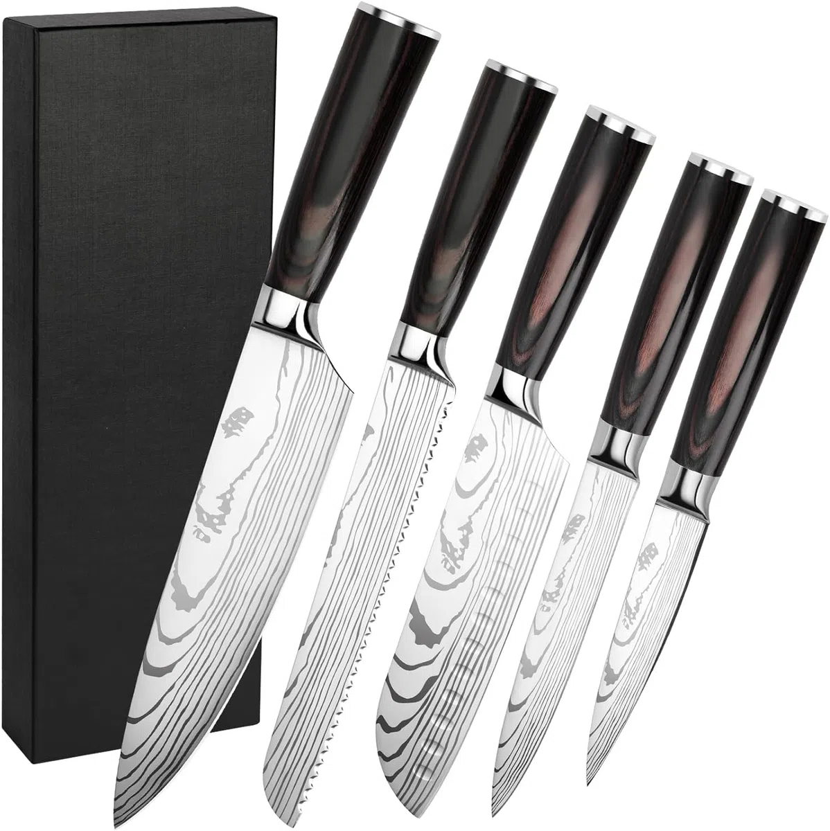 Couteau Cuisine Couteau Japonais Acier Inoxydable à haute teneur en carbone avec Poignée Ergonomique, Couteaux de Cuisine Professionnel (5PCS)