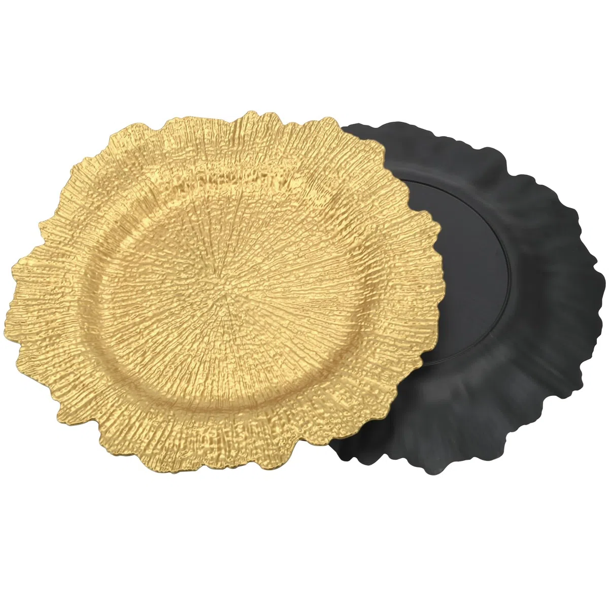 Lot de 12 assiettes de présentation dorées de 33 cm, motif récif rond, en plastique, pour assiettes plates, décoration de mariage, décoration de table (irrégulière)
